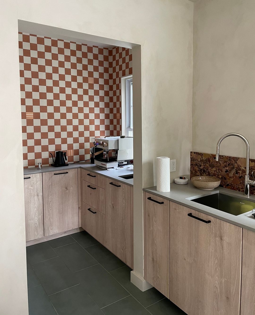 a pattern complete with shifts in color, painterly marks, and unexpected ink washes, gambit captures the textural look of a hand-tiled surface. this wide-width, 15-foot panel design was created to allow for an infinite number of installation possibilities to enhance the architecture of a room.  by Backdrop. – Kitchen, Accents, Designer, Wallcoverings