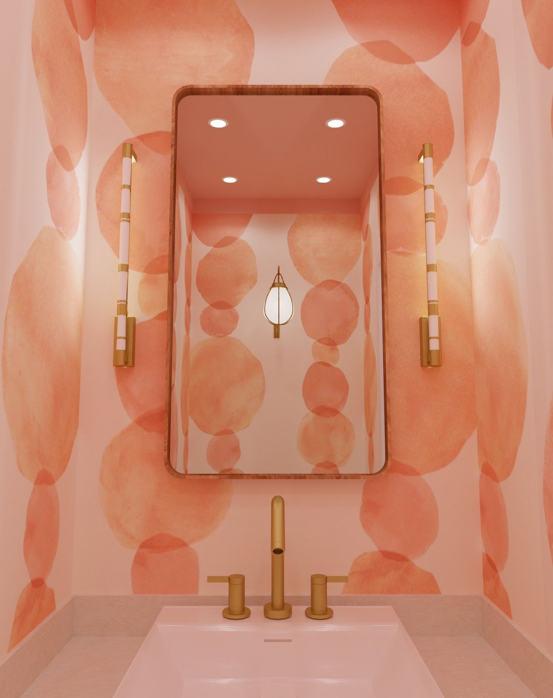 hand-painted ink washes fill striking circular forms that play with scale and gravity creating a stripe effect at nearly 6’ tall.  by Backdrop. – Bathroom, Interior, Designer, Wallcoverings