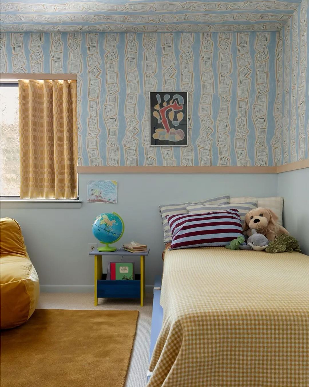 ON TOUR, stripes composed of concentric linework in ink and colored pencil recall jean cocteau’s artistry tattooed on the walls of santo-sospir. taboo’s unique vertical stripe has an artful freehand aesthetic that looks as if it were drawn directly on the wall., pale blue paint colors by Backdrop. – Blue, Light, Bedroom, Kids Room, Licensed, Wallcoverings