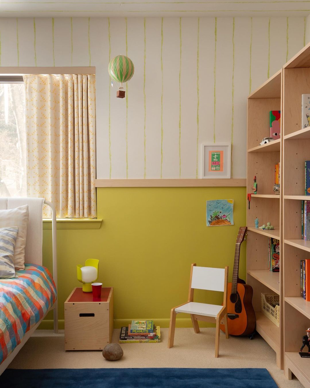 STARDUST, yellow with a hint of green, developed from watercolor paintings made in our studio, ephemera is barely there, fully saturated, and a whisper of color all at once. the delicate, open vertical stripes give interesting simplicity to any space. paint colors by Backdrop. – Bold, Green, Yellow, Kids Room, Accents, Ceiling, Licensed, Wallcoverings