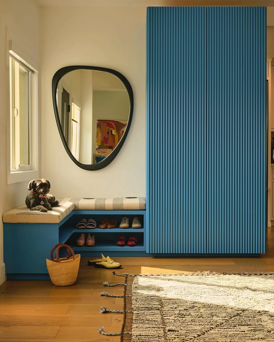 PORSCHE RIVIERA BLUE, electric, bright blue paint color by Backdrop. – Blue, Bold, Partnership:porsche, Entryway, Hallway, Accents, Door, Furniture, Closet