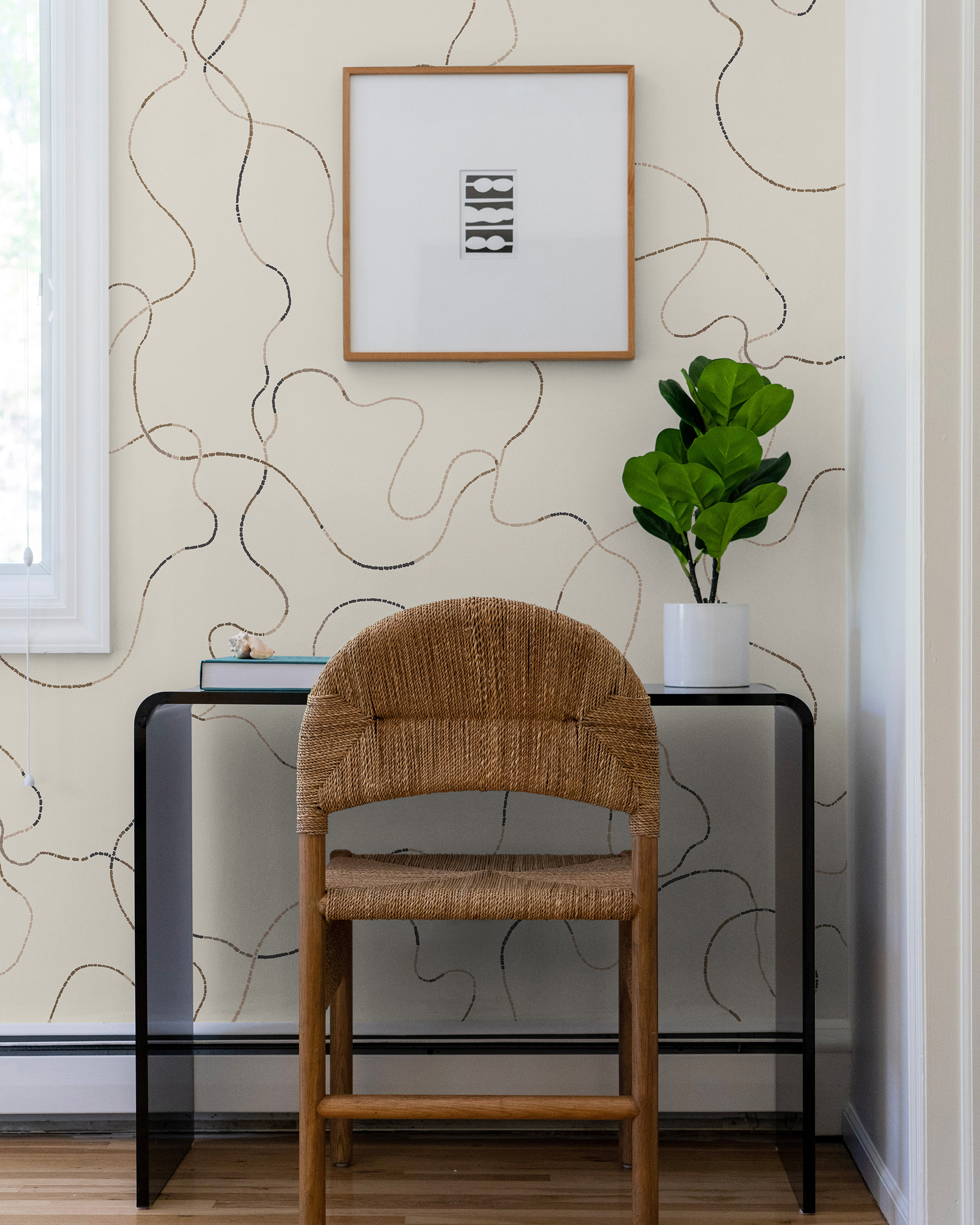 like its namesake french alpine road, col de turini, this design is full of twists and turns. turini features segmented, textured lines that change color and direction. full of calligraphic, undulating curves, this design creates monumental movement while remaining delicate and detailed.  by Backdrop. – Office, Wallcoverings