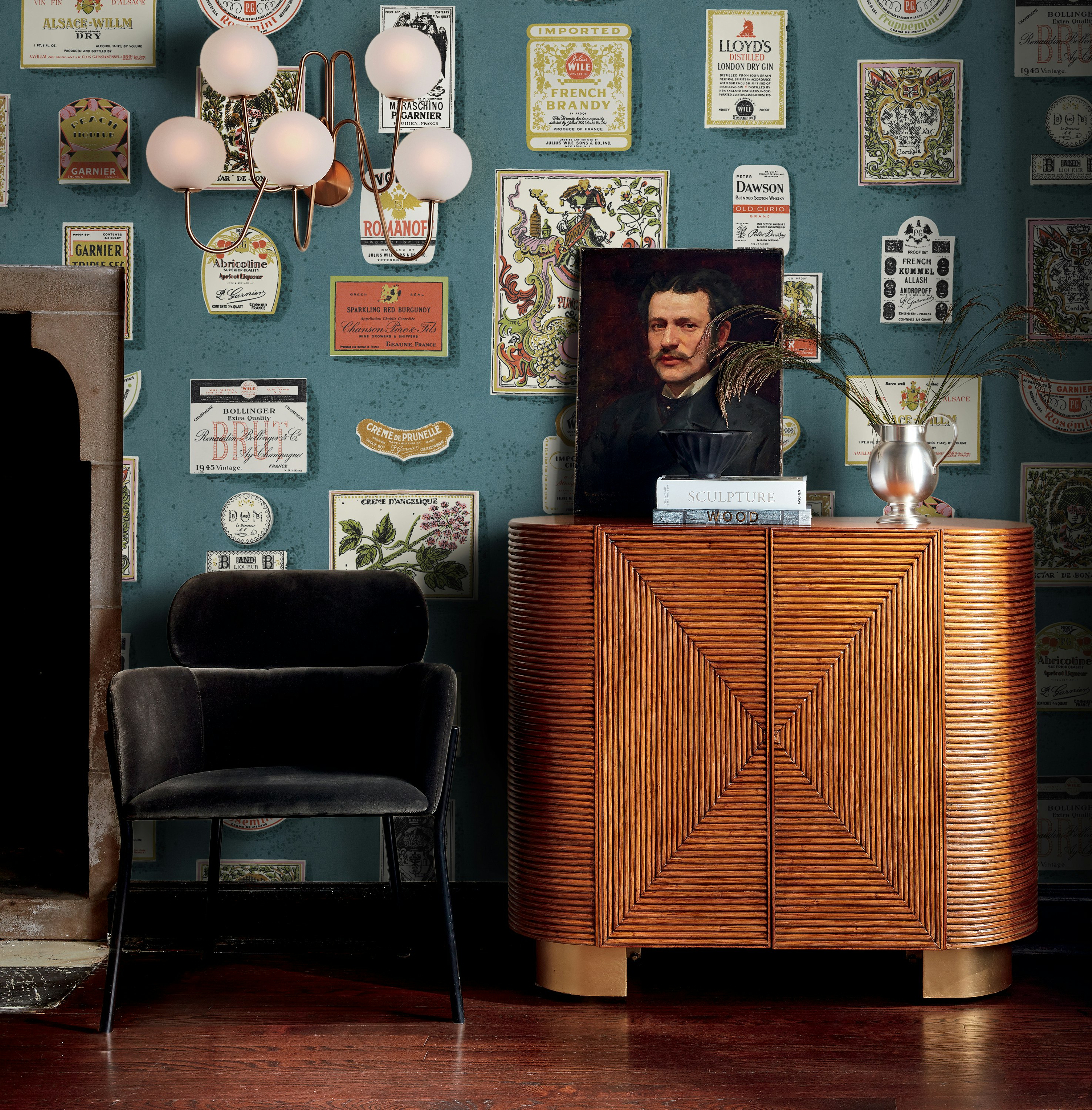 the perfect balance of charming and sophisticated, salud is a playful update on a 1950’s schumacher archival design of the same name. this storied design, featured in the 1995 cooper hewitt exhibition - kitsch to corbusier: wallpaper from the 1950's, highlights multi-colored hand-illustrated liquor labels in a graphic layout. this lively wide-width design will bring maximalist impact to any space. by Backdrop. – Living Room, Kitchen, Wallcoverings