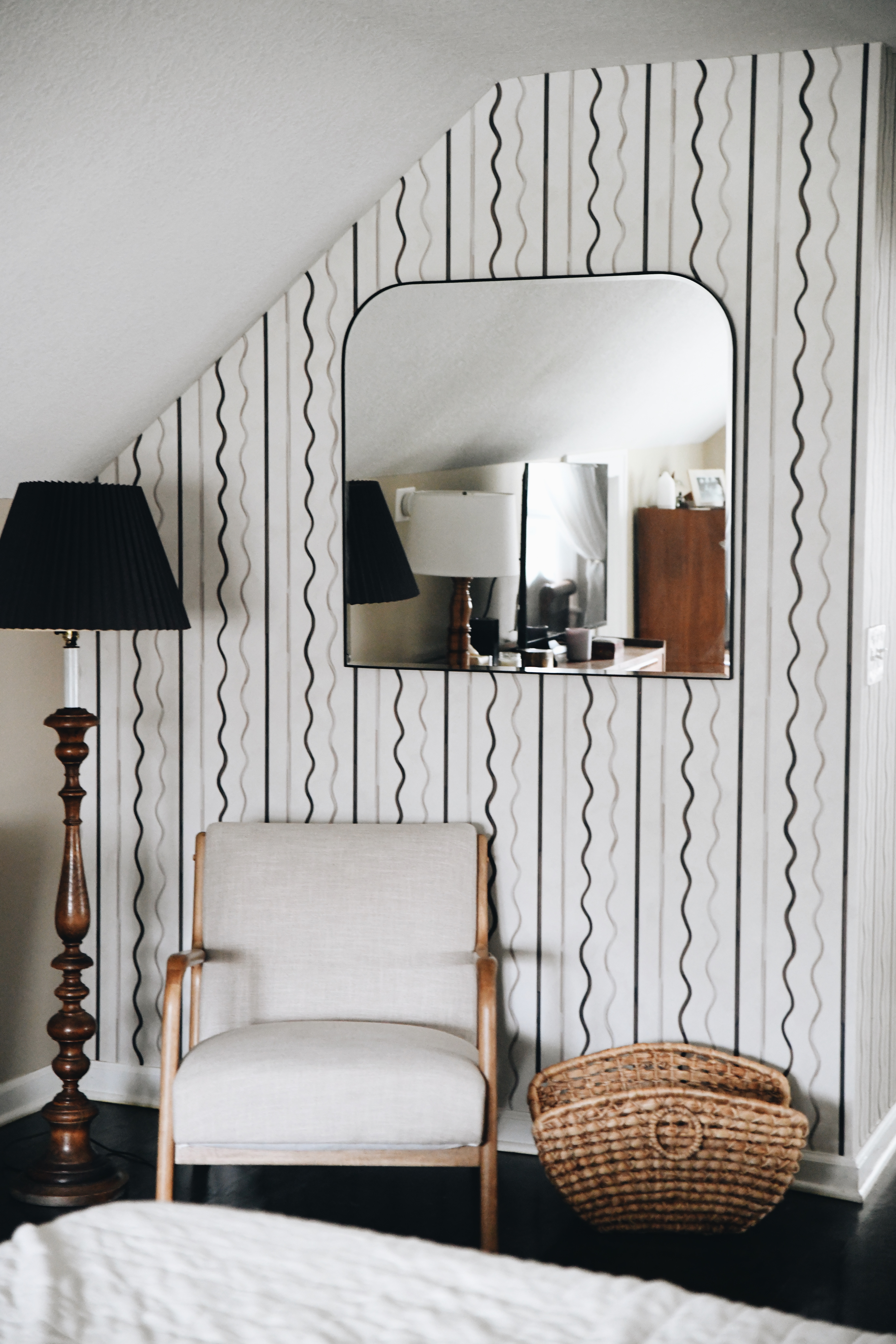 coupled stripes of highlight and shadow playfully mingle in affogato. based on hand painted stripes, swirling line work creates a trompe-l’oeil effect that echoes a charming golden hour at a european cafe. this charismatic small scale design will add depth and dimension to any space.  by Backdrop. – Bedroom, Accents, Wallcoverings