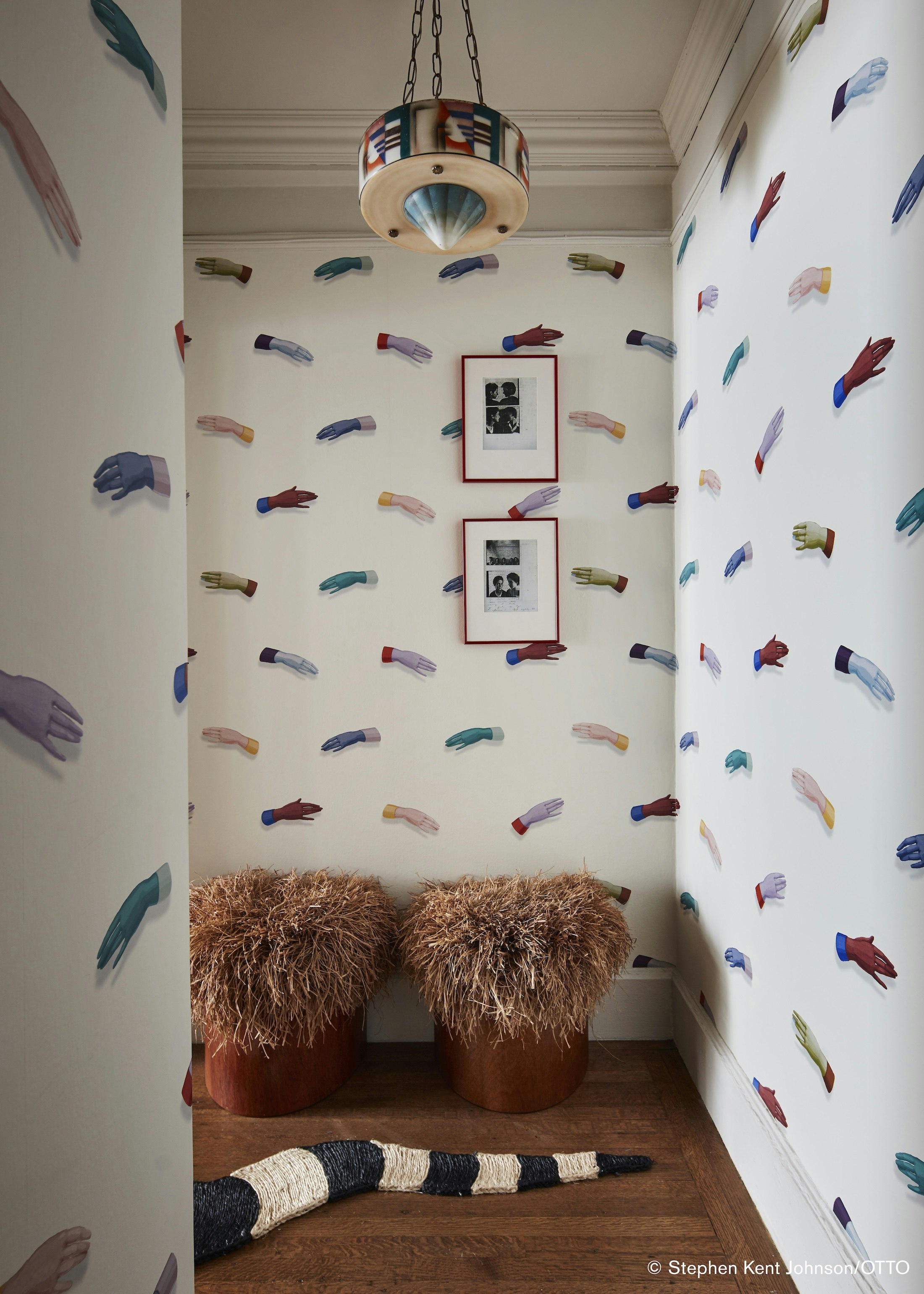 manos by charlap hyman & herrero with pilar almon is a visually striking design, inspired by hand-painted art. the wallpaper features an array of delicately rendered, disembodied hands that seem to gracefully float within the large-scale repeat, creating a mural-like effect. the design is a nod to surrealist imagery and adds an unexpected artistic touch to any interior space.  by Backdrop. – Living Room, Hallway, Office, Wallcoverings