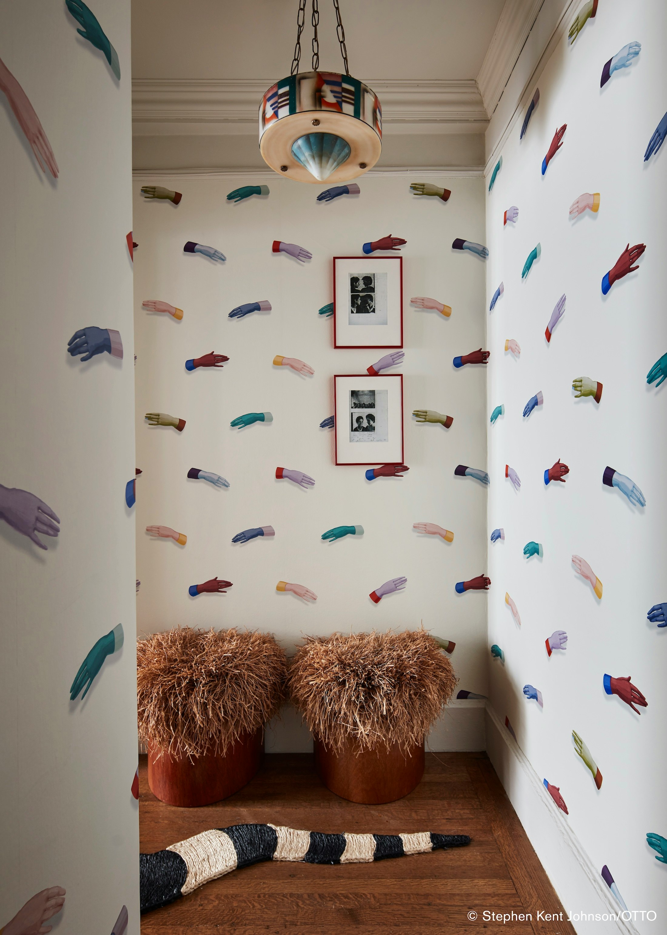 manos by charlap hyman & herrero with pilar almon is a visually striking design, inspired by hand-painted art. the wallpaper features an array of delicately rendered, disembodied hands that seem to gracefully float within the large-scale repeat, creating a mural-like effect. the design is a nod to surrealist imagery and adds an unexpected artistic touch to any interior space. by Backdrop. – Living Room, Hallway, Office, Wallcoverings