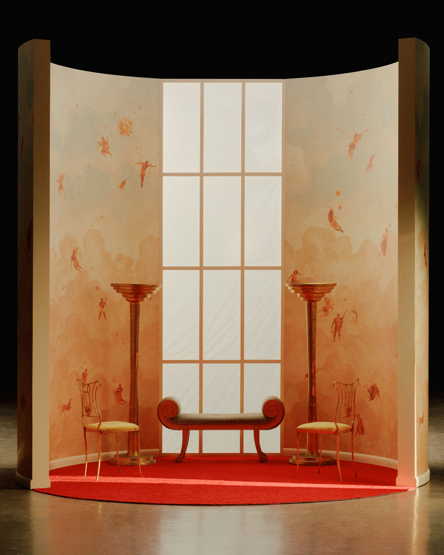 asteriae and nymphs of the stars dance euphorically in ascendance panel set. painted and illustrated by artist xavier donnelly, the 15’ tall by 13.5’ wide panel set will instantly transform any space into a light-filled sky full of beautifully detailed celestial figures, delightfully twisting and turning within the clouds.  by Backdrop. – Living Room, Wallcoverings