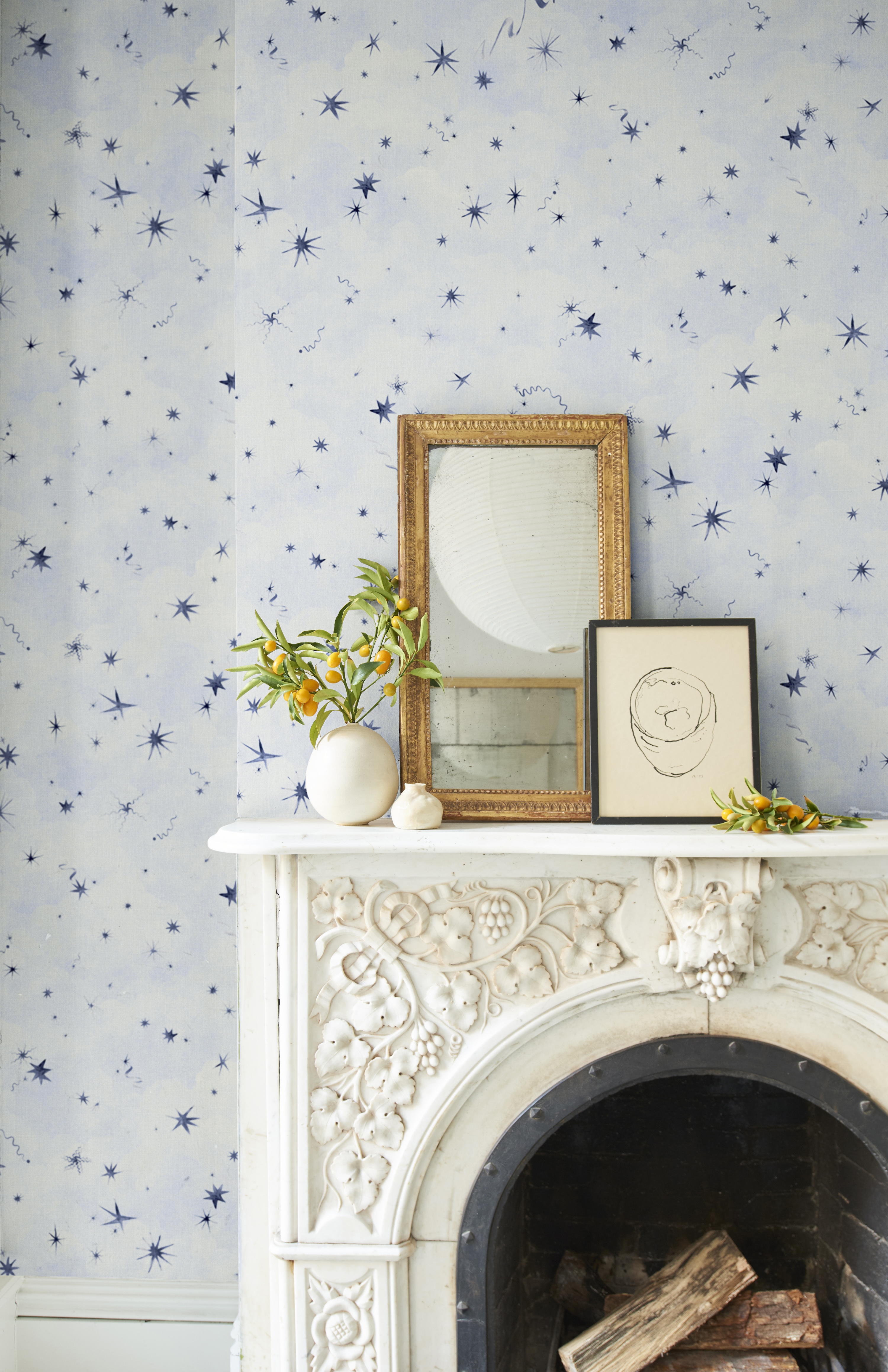 a dusting of stars, comets, and celestial peculiarities come together across a subtly textured cloudscape in luminaries. based on original illustrations and paintings by artist xavier donnelly, this easy-to-use, mid-scale design with beautiful small details is perfect on its own or as a coordinate to painted sky, ascendance panel set, and appian way panel set.  by Backdrop. – Living Room, Accents, Fireplace, Wallcoverings