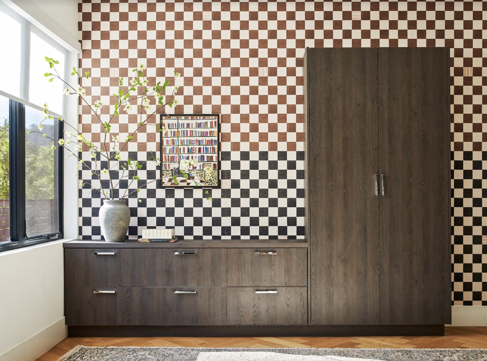 a pattern complete with shifts in color, painterly marks, and unexpected ink washes, gambit captures the textural look of a hand-tiled surface. this wide-width, 15-foot panel design was created to allow for an infinite number of installation possibilities to enhance the architecture of a room.  by Backdrop. – Office, Accents