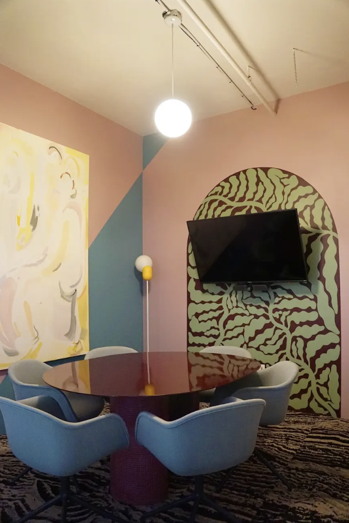 NOVELTY WAVE, JAWBREAKER, warm blue, rosy mauve paint colors by Backdrop. – Blue, Bold, Badge:new, Pink, Purple, Office, Accents, Shapes, Art/Mural