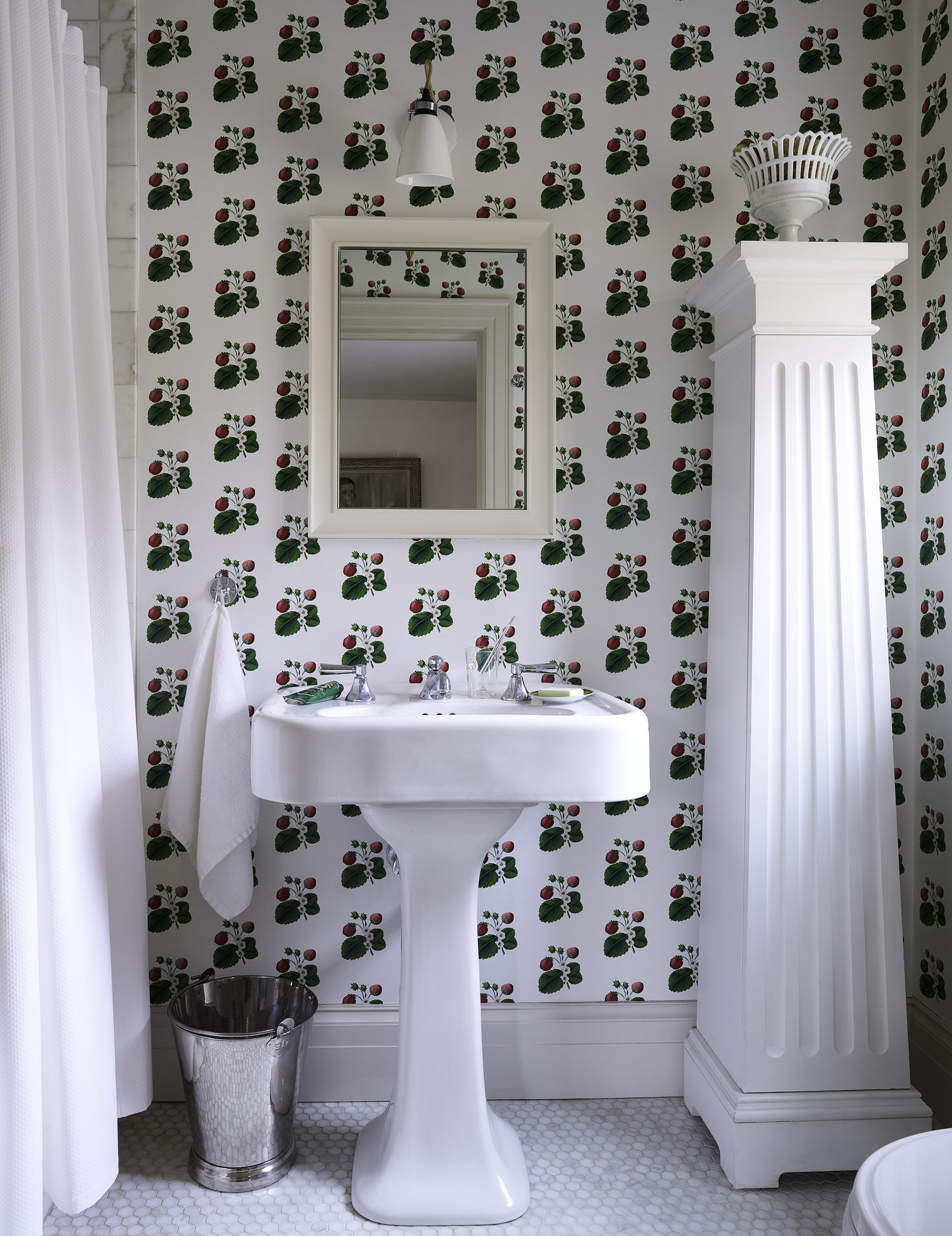 inspired by traditional botanicals and created in collaboration with fashion designer johnson hartig, strawberry hill is a versatile wallpaper that looks equally fabulous in formal and informal rooms. this cheerful mid-scale design, with its simple offset grid of strawberry blooms, plays beautifully with other patterns.  by Backdrop. – Add Me, Bathroom, Wallcoverings