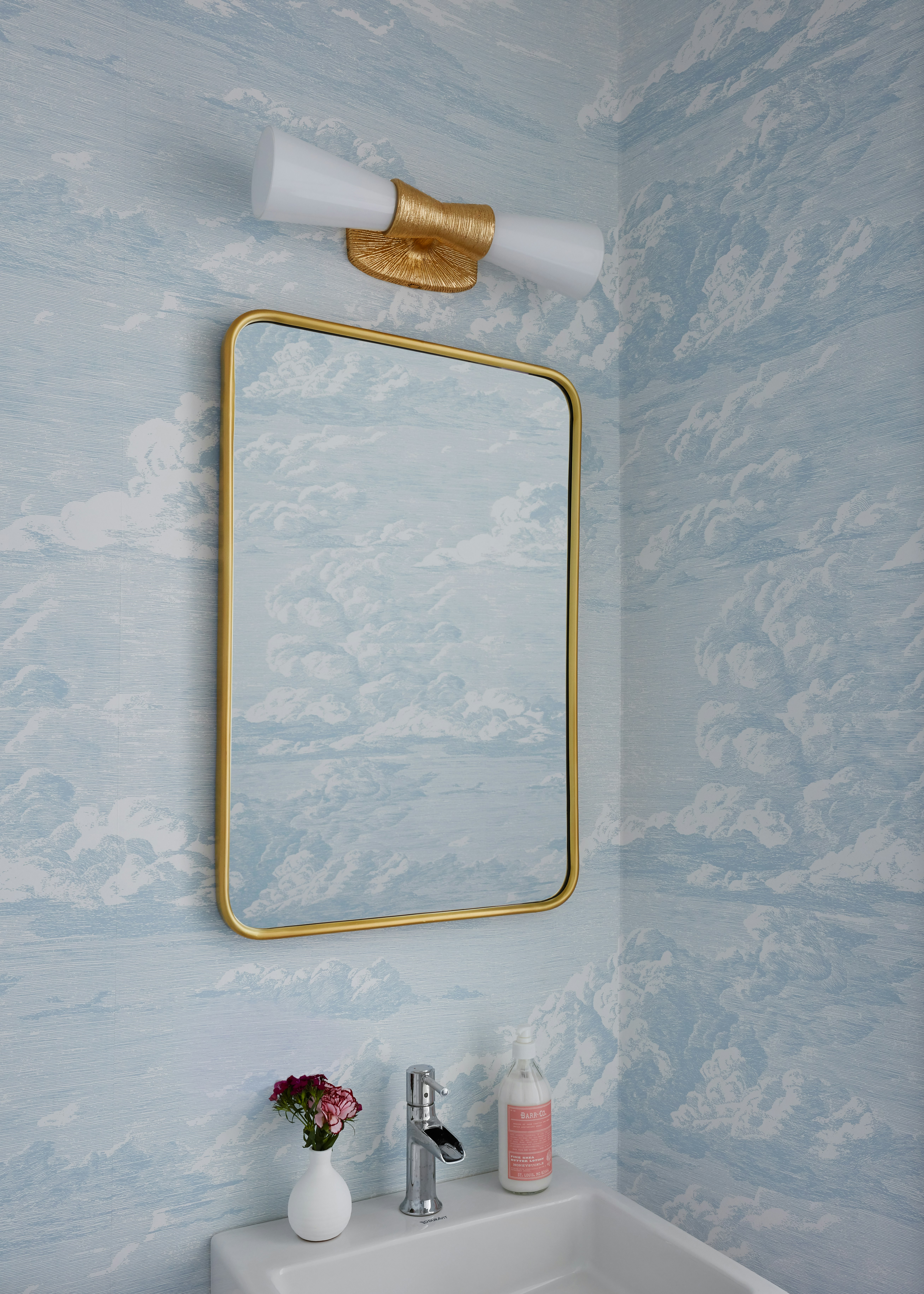 revitalize your space with a luxurious interpretation of a 1970s classic from schumacher. this wide-width wallpaper features a screenprinted cloud pattern, offering a sumptuous blend of unique depth and an ethereal, mural-like effect. explore the perfect union of style and vintage charm, as this captivating wallpaper adds a sense of luxury and depth to your living spaces.  by Backdrop. – Bathroom, Wallcoverings