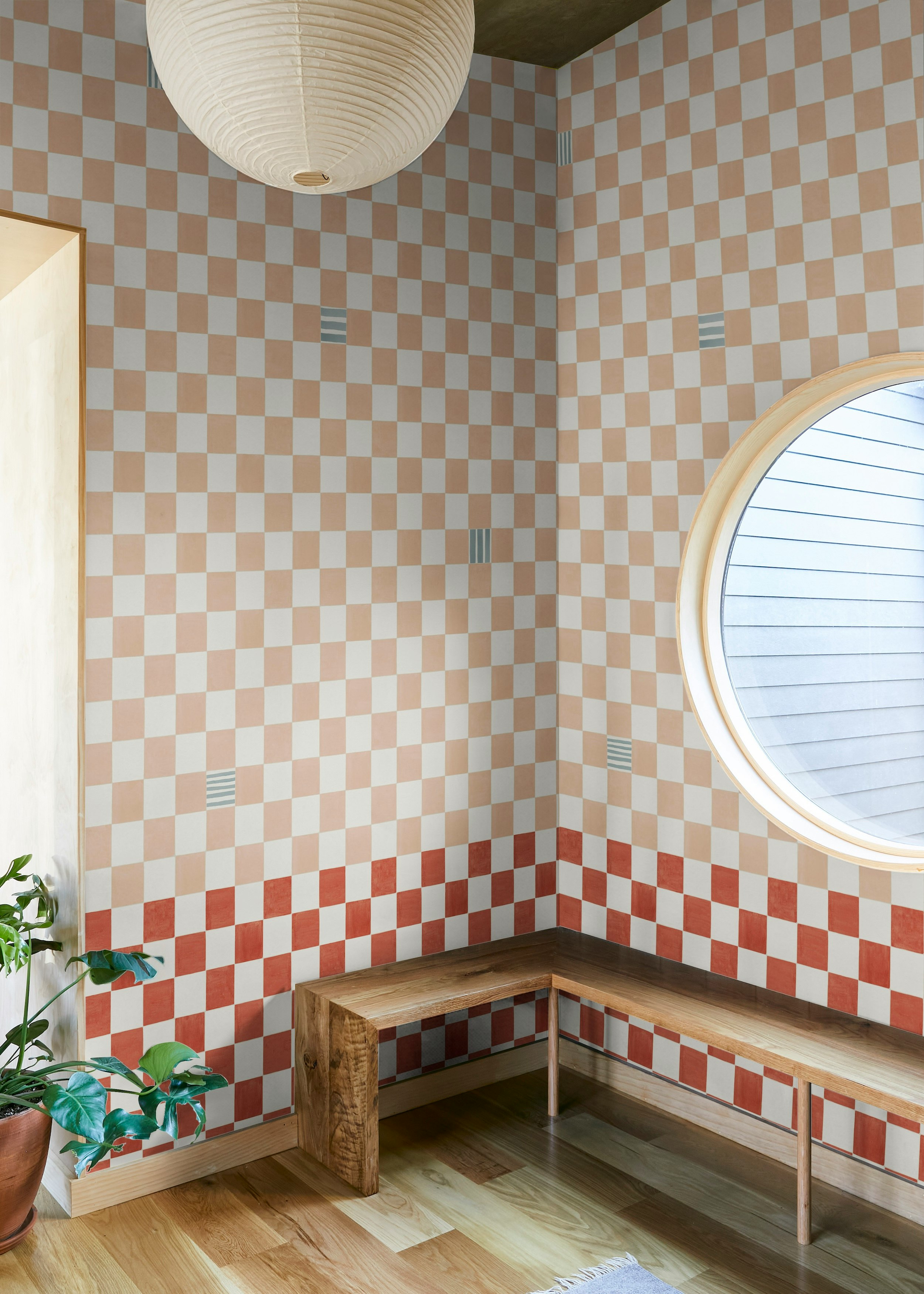 a pattern complete with shifts in color, painterly marks, and unexpected ink washes, gambit captures the textural look of a hand-tiled surface. this wide-width, 15-foot panel design was created to allow for an infinite number of installation possibilities to enhance the architecture of a room.  by Backdrop. – Add Me, Entryway, Kitchen, Wallcoverings