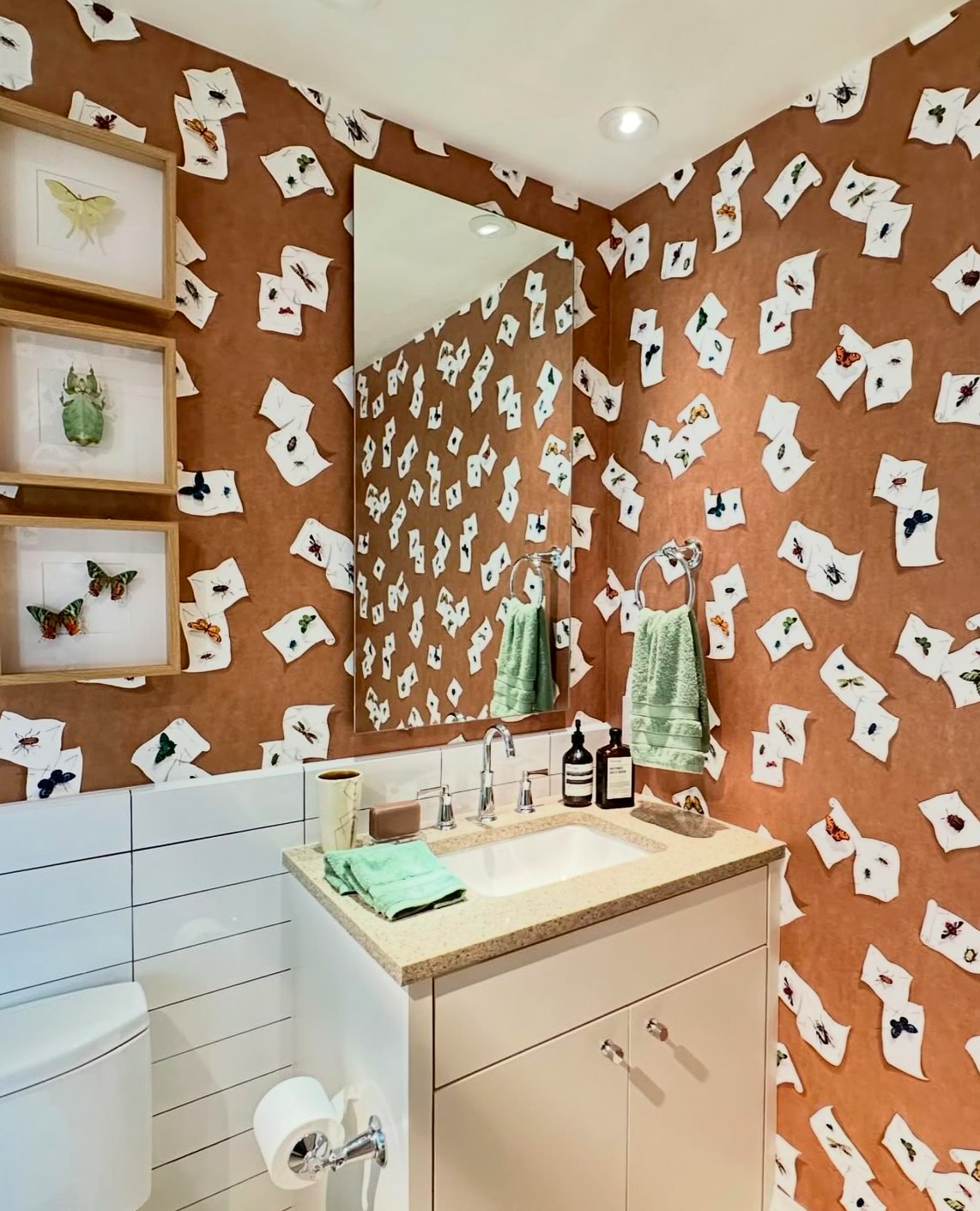 enhance your space with the captivating charm of charlap hyman & herrero's enchanting wallpaper. this mesmerizing design showcases a collection of trompe l'oeil butterfly and insect specimens, expertly rendered to create a charming, collage-like effect. infuse your home decor with artistic flair and whimsical elegance, as this wallpaper adds a unique touch of natural beauty to any room.  by Backdrop. – Add Me, Bathroom, Wallcoverings