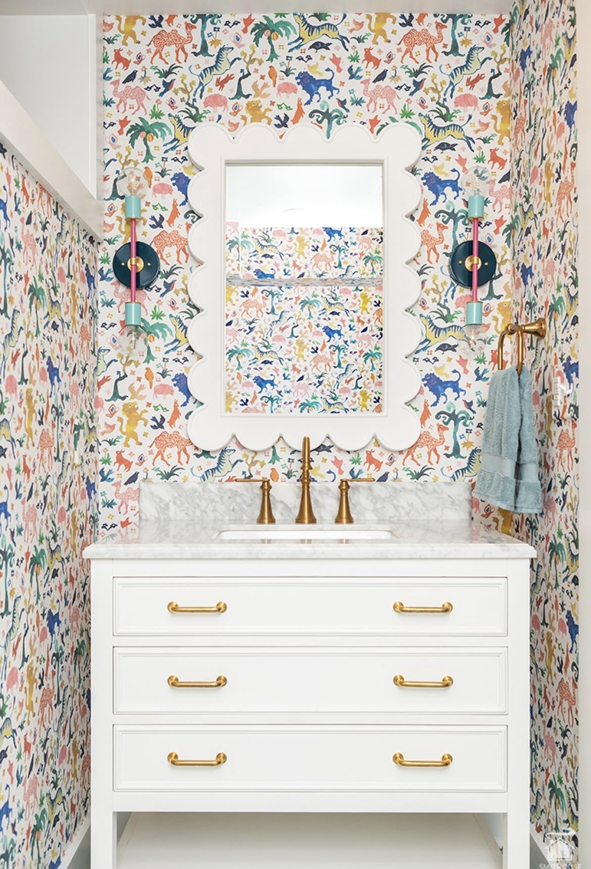 transform your space with the whimsical charm of happy menocal’s beasts wallpaper. this captivating mid-scale design features a lively carnival of exotic creatures and fanciful flora, creating a delightful atmosphere in any room. with its wonderful tonal variations and charming hand-painted aesthetic, this imaginative wallpaper brings a touch of enchantment to your home decor.  by Backdrop. – Add Me, Bathroom, Wallcoverings