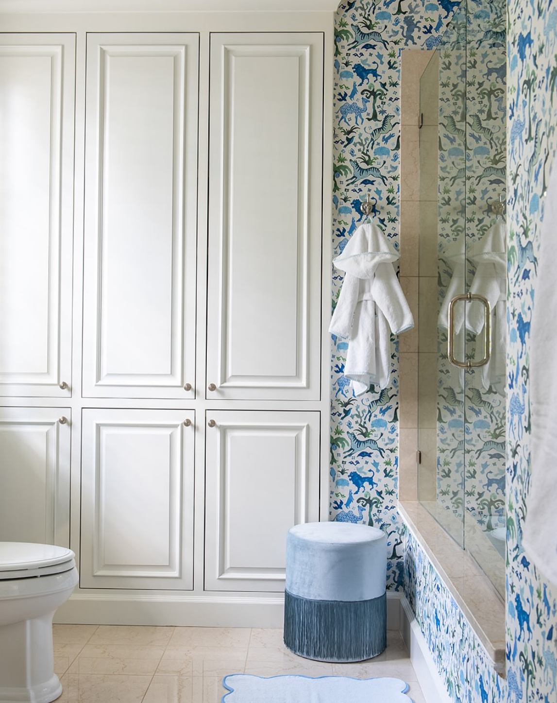 transform your space with the whimsical charm of happy menocal’s beasts wallpaper. this captivating mid-scale design features a lively carnival of exotic creatures and fanciful flora, creating a delightful atmosphere in any room. with its wonderful tonal variations and charming hand-painted aesthetic, this imaginative wallpaper brings a touch of enchantment to your home decor.  by Backdrop. – Bathroom, Wallcoverings