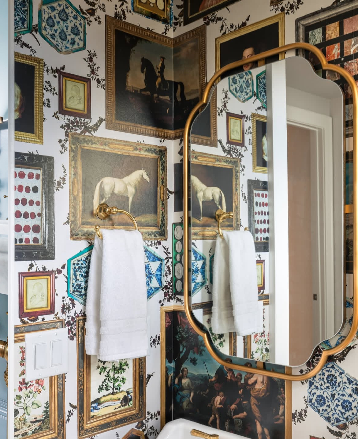 transform your space with le grand tour, an oversized wallpaper masterpiece crafted by johnson hartig of libertine. drawing inspiration from a diverse blend of antique paintings and collectibles, this trompe l’oeil design adds a touch of whimsy and sophistication to your home decor. embrace the charm of eclectic artistry and make a bold statement in your living space with this extraordinary wallpaper. explore the endless possibilities of home decor with le grand tour's larger-than-life design.  by Backdrop. – Add Me, Bathroom, Wallcoverings