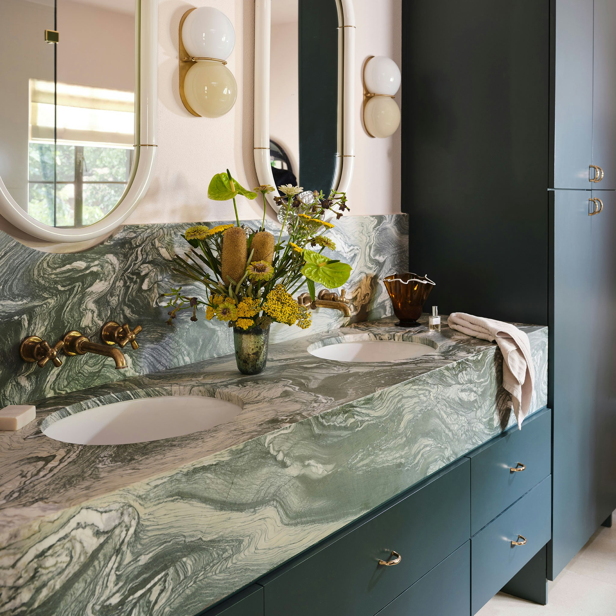 SATURDAY ON SUNDAY, HARAJUKU MORNING, dark blue-gray with a hint of green, light pink with a hint of peach paint colors by Backdrop. – Blue, Bold, Green, Best Sellers, Light, Pink, Add Me, Bathroom, Accents, Cabinet, Trim, Designer