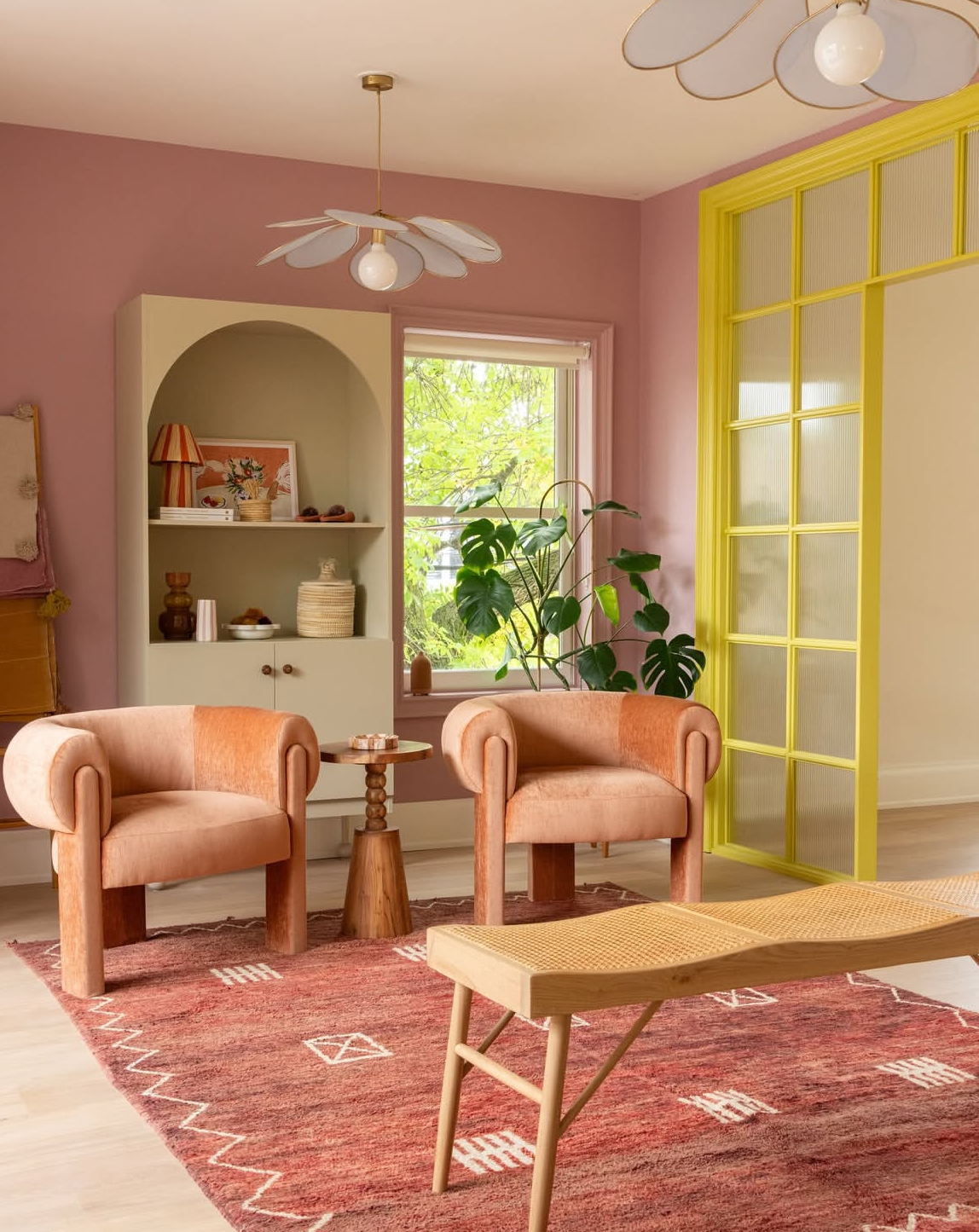 STARDUST, JAWBREAKER, yellow with a hint of green, rosy mauve paint colors by Backdrop. – Bold, Green, Yellow, Badge:new, Pink, Purple, Living Room, Hallway