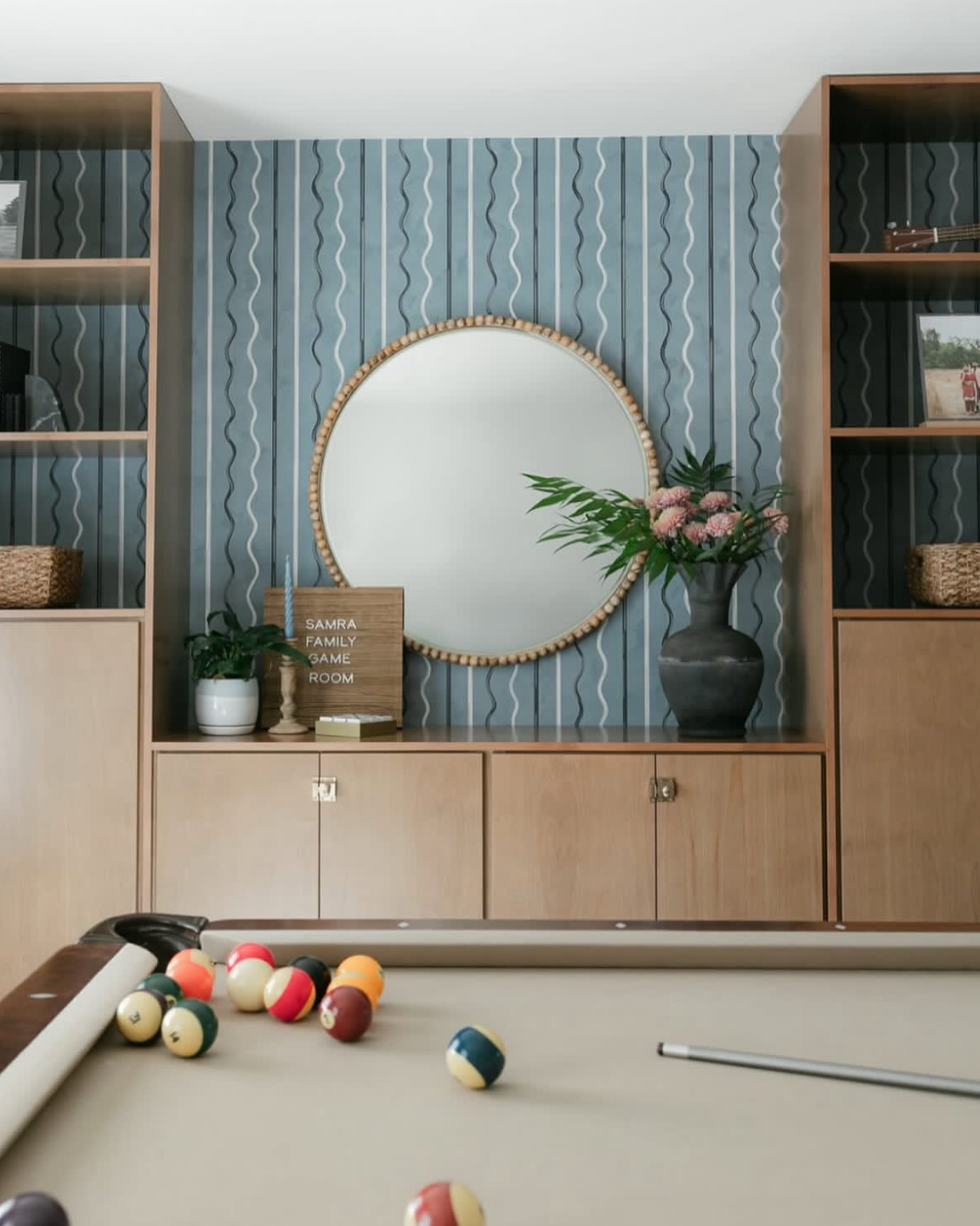 coupled stripes of highlight and shadow playfully mingle in affogato. based on hand painted stripes, swirling line work creates a trompe-l’oeil effect that echoes a charming golden hour at a european cafe. this charismatic small scale design will add depth and dimension to any space.  by Backdrop. – Living Room, Accents, Basement, Wallcoverings