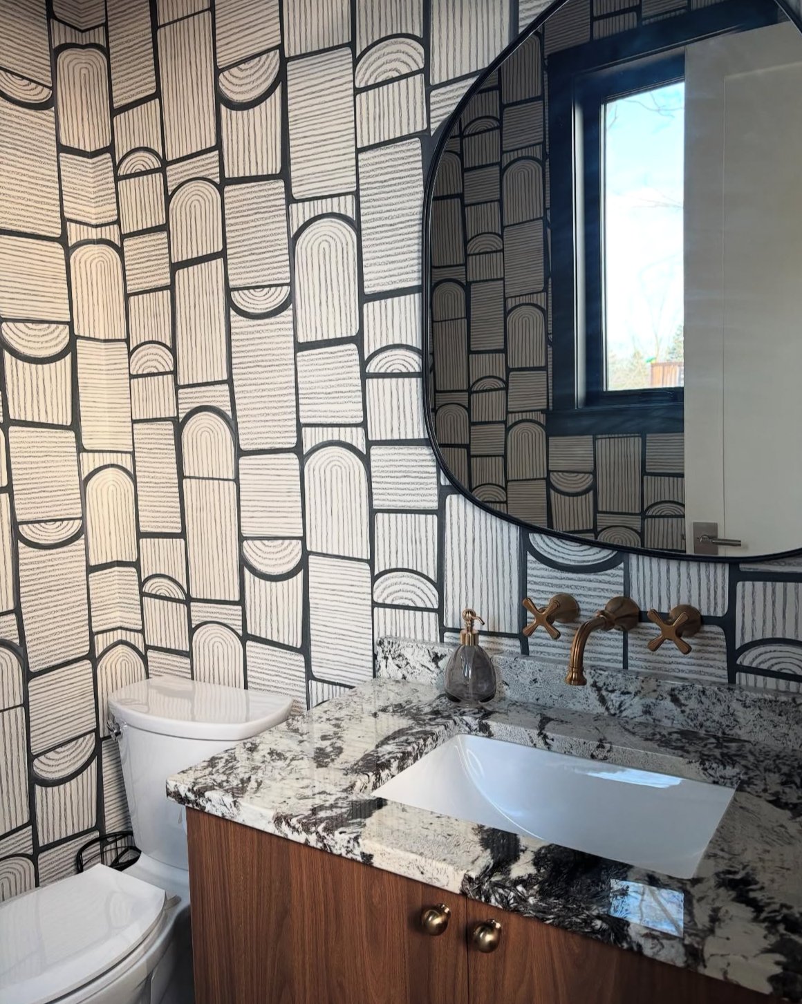 reminiscent of the architecture of london's bloomsbury. textured linework paired with graphic structure create playful relationships and an overall sense of movement.  by Backdrop. – Bathroom, Wallcoverings