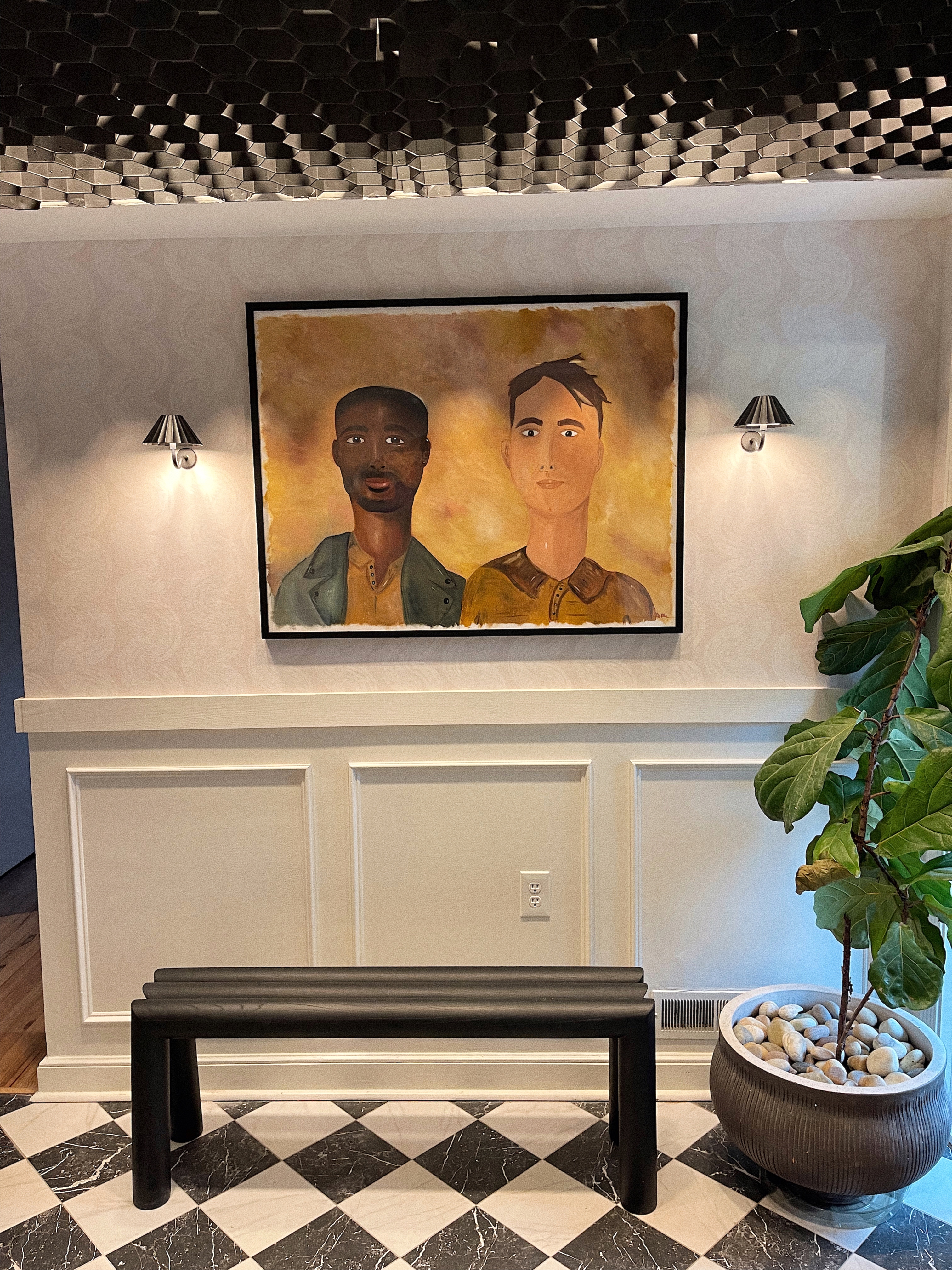 a curvilinear medium scale stripe of earthy, tonal texture for a relaxed play on 1970’s style.  by Backdrop. – Entryway, Hallway, Wallcoverings