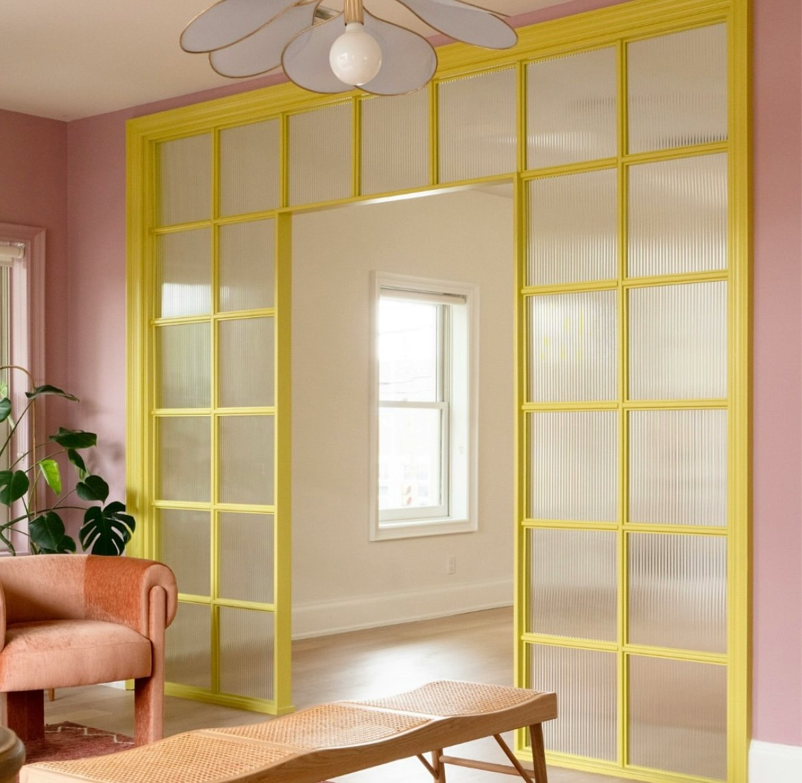 STARDUST, yellow with a hint of green paint color by Backdrop. – Bold, Green, Yellow, Add Me, Living Room, Accents, Trim