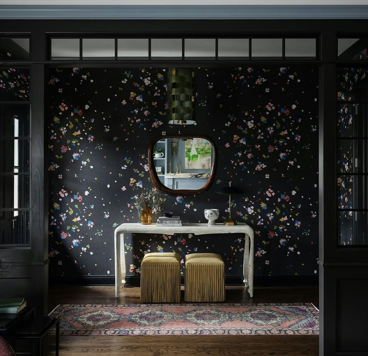painted in our studio in the impasto style, fairfarren nods to the fantastic and eccentric with an emphasis on color and texture. mid-scale painterly, abstract petals fall and gather to create a mural-like effect in this large-scale, wide-width design.  by Backdrop. – Living Room, Entryway, Accents, Wallcoverings