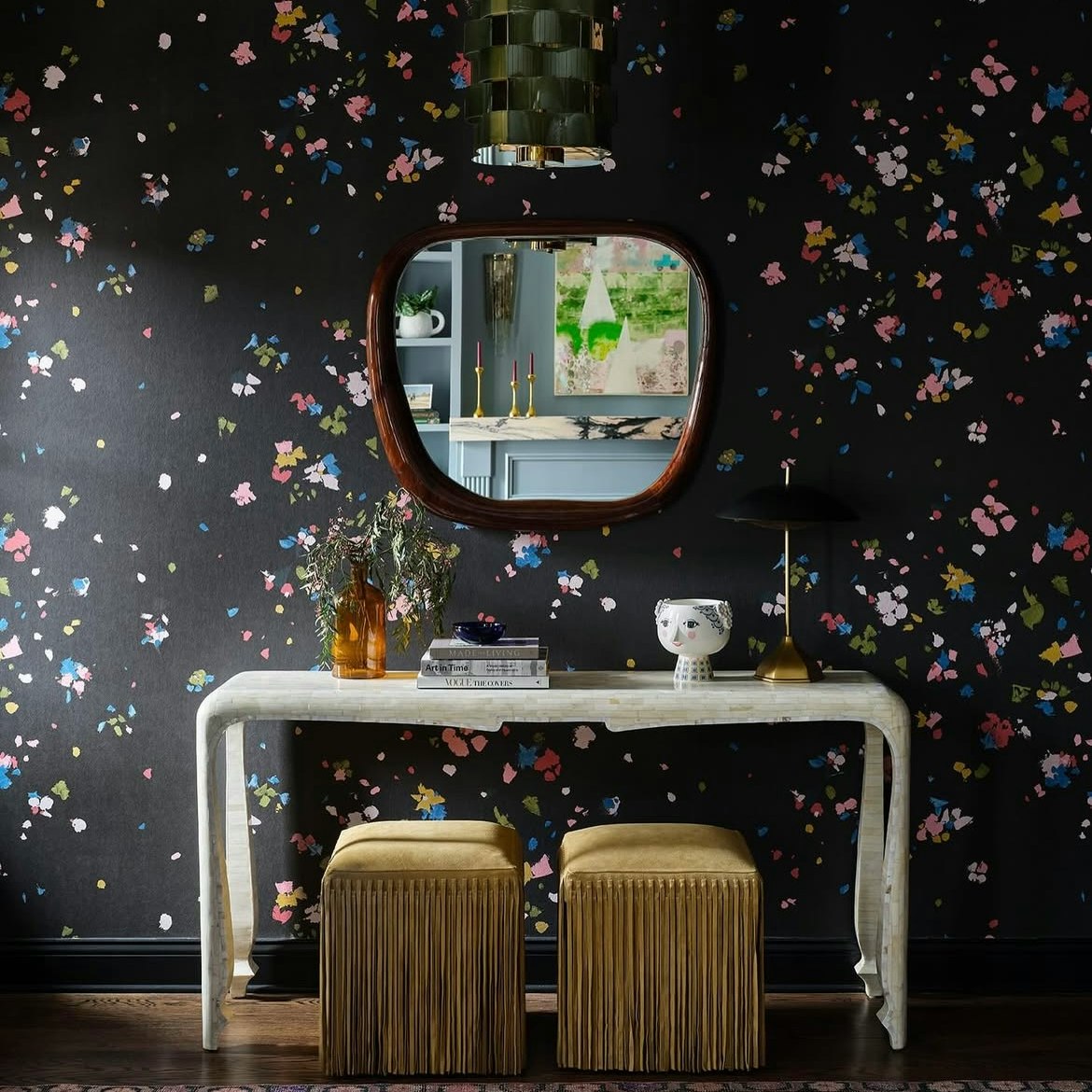 painted in our studio in the impasto style, fairfarren nods to the fantastic and eccentric with an emphasis on color and texture. mid-scale painterly, abstract petals fall and gather to create a mural-like effect in this large-scale, wide-width design. by Backdrop. – Living Room, Entryway, Accents, Wallcoverings