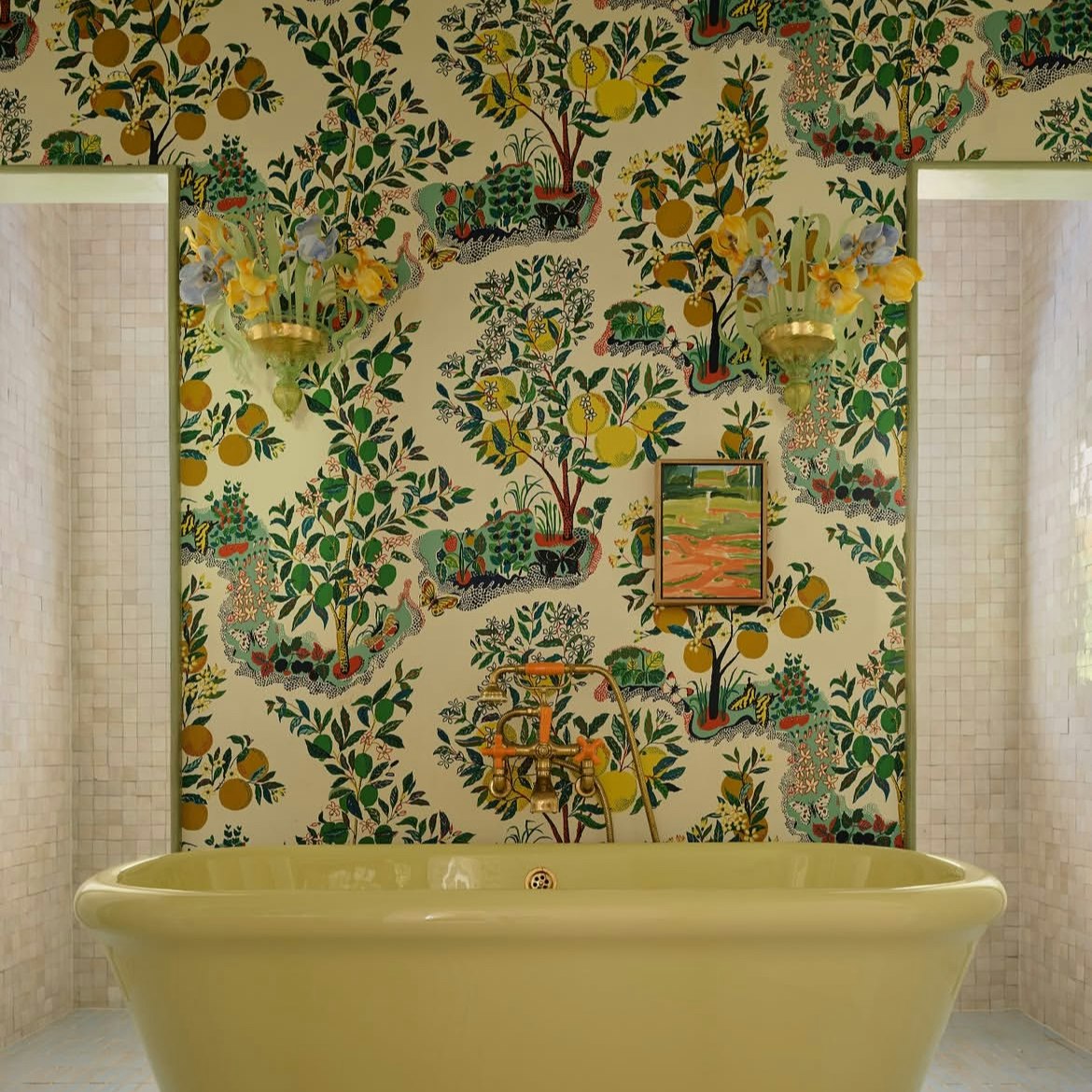 from f. schumacher & co., citrus garden is a whimsical panel set based on an archival 1947 josef frank print. by Backdrop. – Bathroom, Accents, Wallcoverings