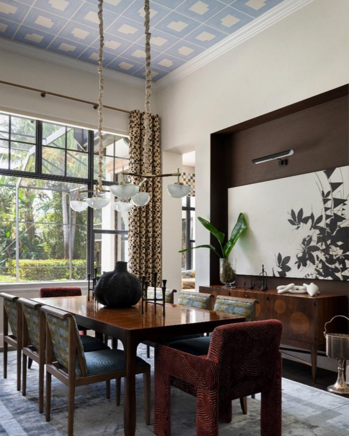 palindrome is a graphic, visual interpretation of a word sequence that reads the same backward as forward. this large-scale design creates a focal point of richly textured color around a consistent motif, rotating and turning. the simplicity, soft edges, and extra-large scale add dramatic geometry to any space.  by Backdrop. – Dining Room, Accents, Ceiling, Wallcoverings