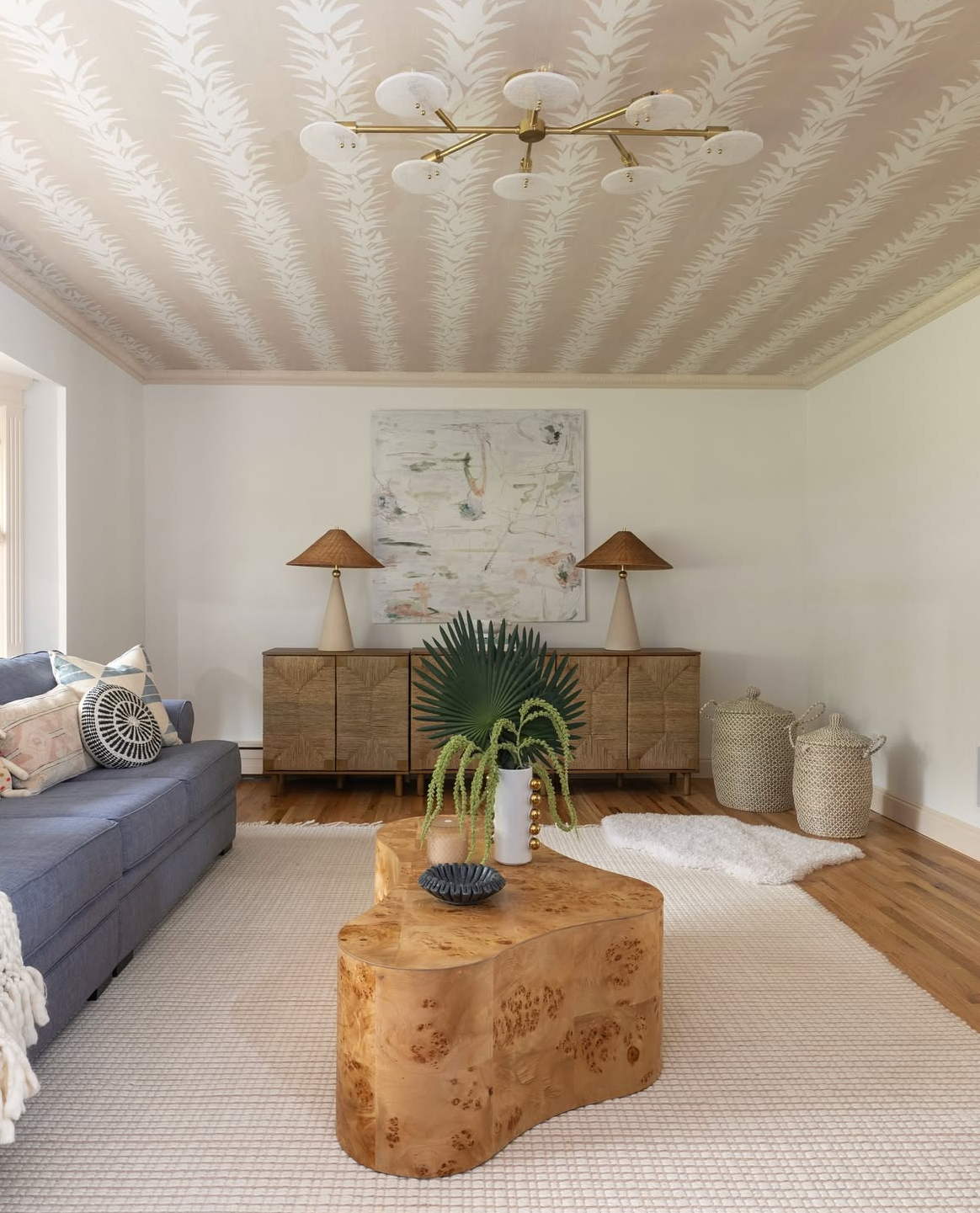 a classic botanical design abstracted and reimagined with painterly strokes and a nod to the imperfect. midscale design with negative space for a column effect.  by Backdrop. – Living Room, Office, Accents, Ceiling, Wallcoverings