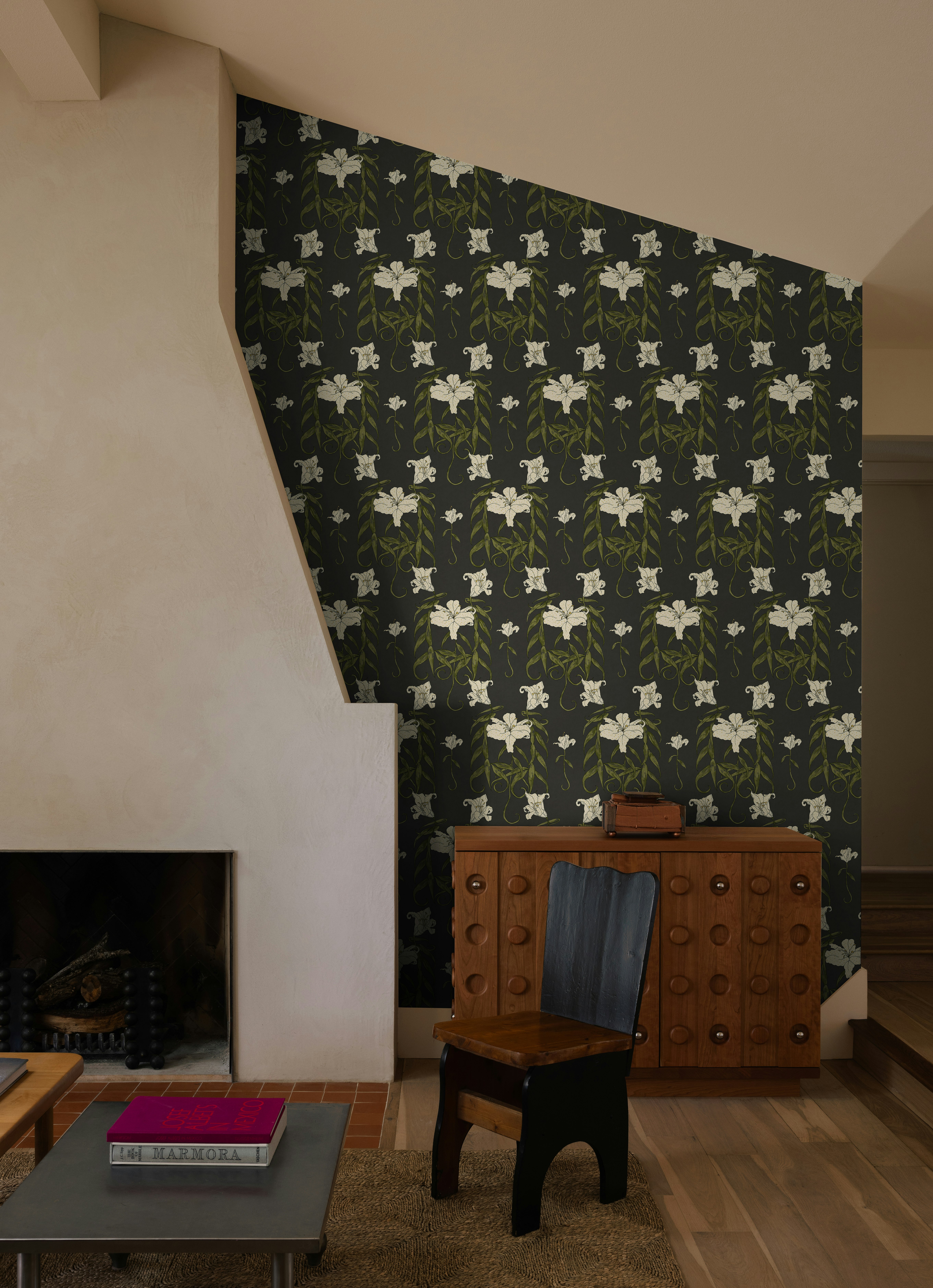 lady lilith derives its leafy, trumpet-shaped lilies from an art nouveau, 19th-century dutch-illuminated calendar. redrawn and hand-painted in our l.a. studio, this lively, mid-scale design retains the unique character and textural nuance of the original artwork. soft yet graphic, the floral-forward pattern speaks to the nature-rich decorative periods of the arts and crafts and art nouveau movements. by Backdrop. – Living Room, Entryway, Hallway, Accents, Wallcoverings