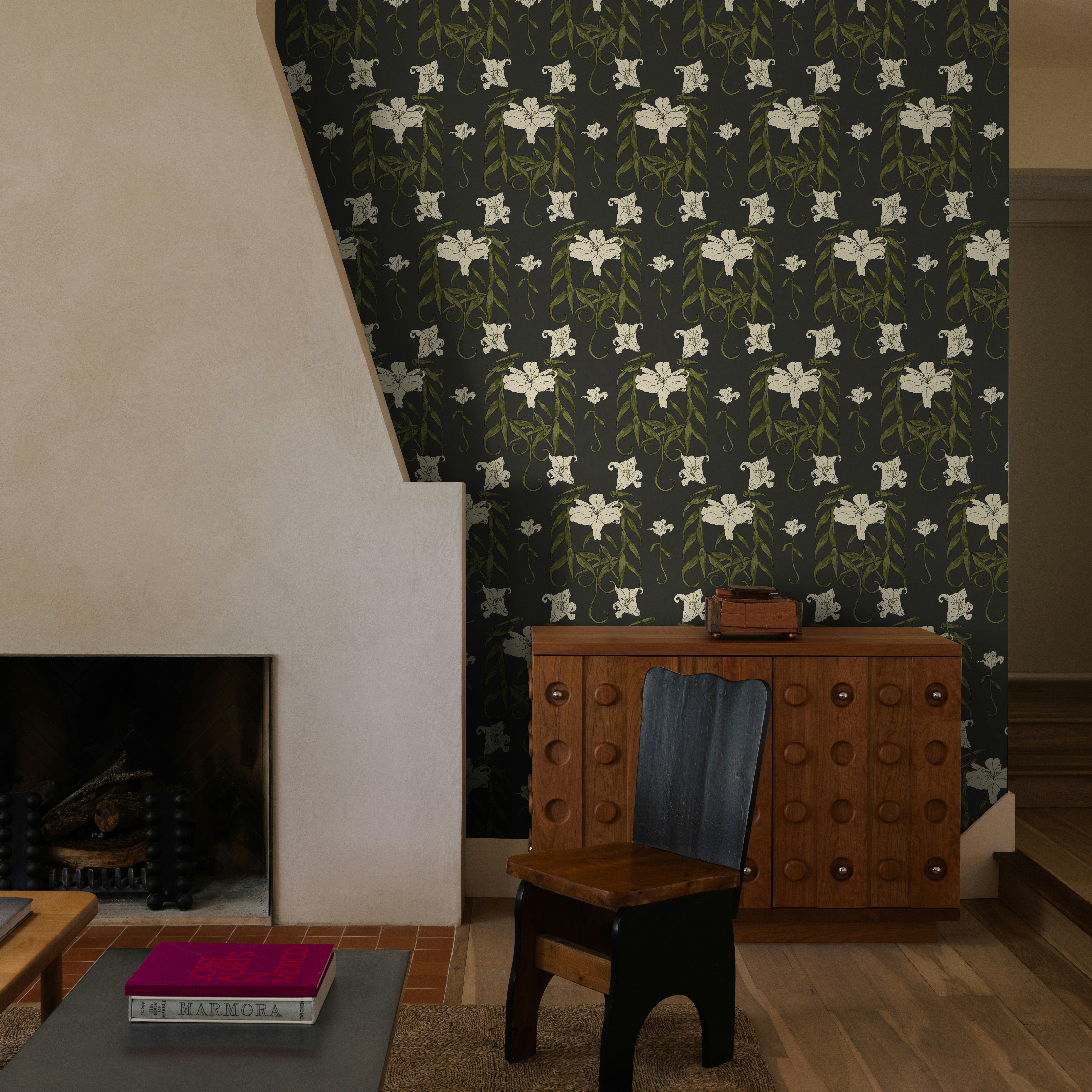lady lilith derives its leafy, trumpet-shaped lilies from an art nouveau, 19th-century dutch-illuminated calendar. redrawn and hand-painted in our l.a. studio, this lively, mid-scale design retains the unique character and textural nuance of the original artwork. soft yet graphic, the floral-forward pattern speaks to the nature-rich decorative periods of the arts and crafts and art nouveau movements. by Backdrop. – Living Room, Entryway, Hallway, Accents, Wallcoverings