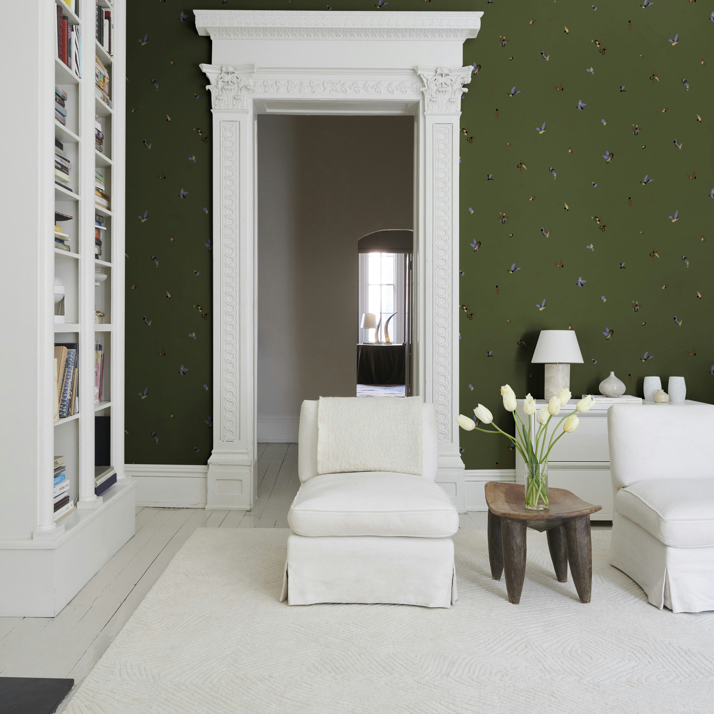 la belle features gestural abstract motifs, created from original gouache paintings in the backdrop studio. inspired by 20th-century artist christian bérard’s lively illustrations, this rotary printed design is full of rich, matte color. the small-scale design has plenty of negative space and creates a jewel box-like effect, perfect to wrap a room or highlight on a focal wall. by Backdrop. – Living Room, Office, Wallcoverings