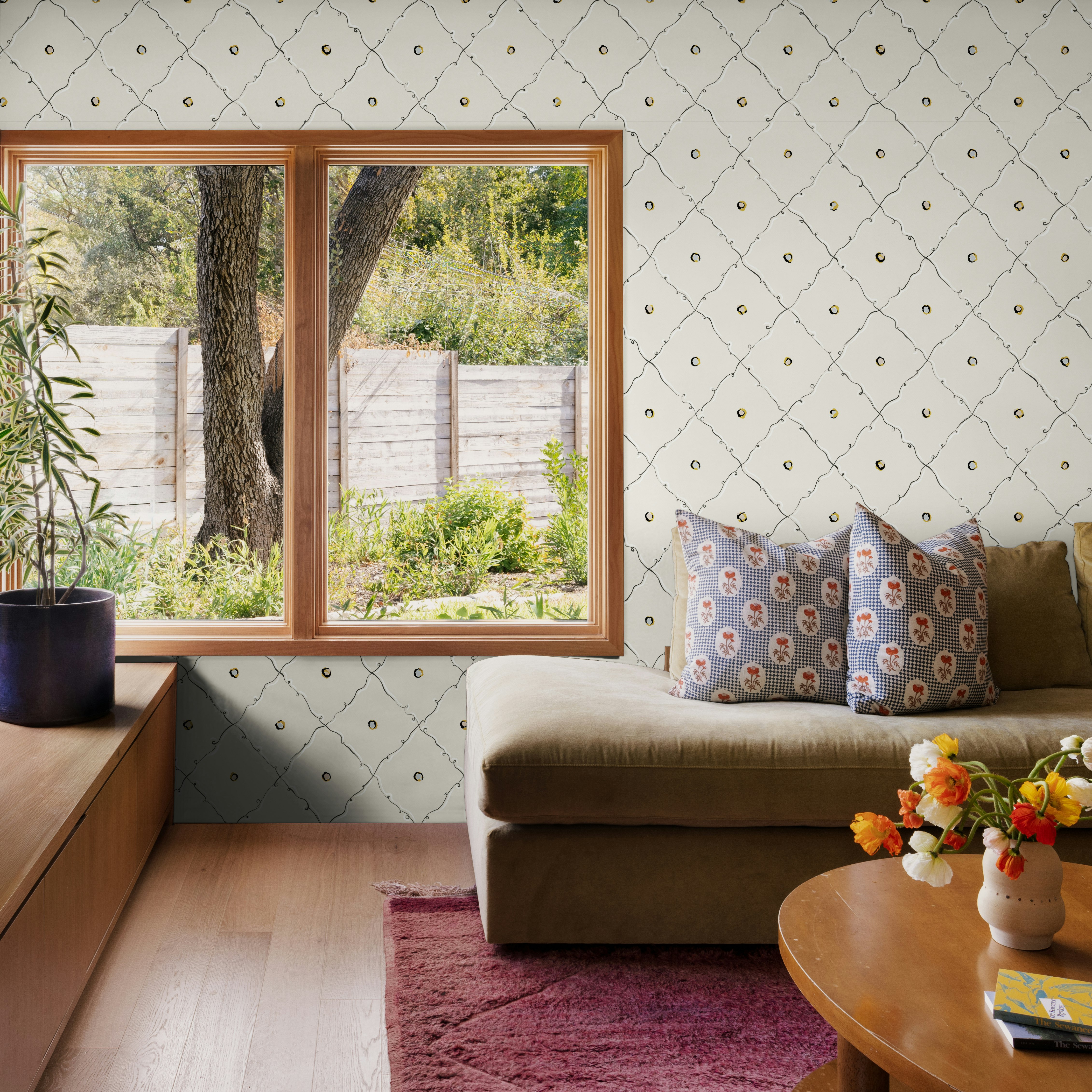 colette is a playful trellis design inspired by 20th-century illustrator christian bérard’s whimsical trompe l’oeil paintings. painted in our studio in ink-and-gouache, this mid-scale trellis design is filled with delightful detail and stylized pops of color. by Backdrop. – Living Room, Wallcoverings
