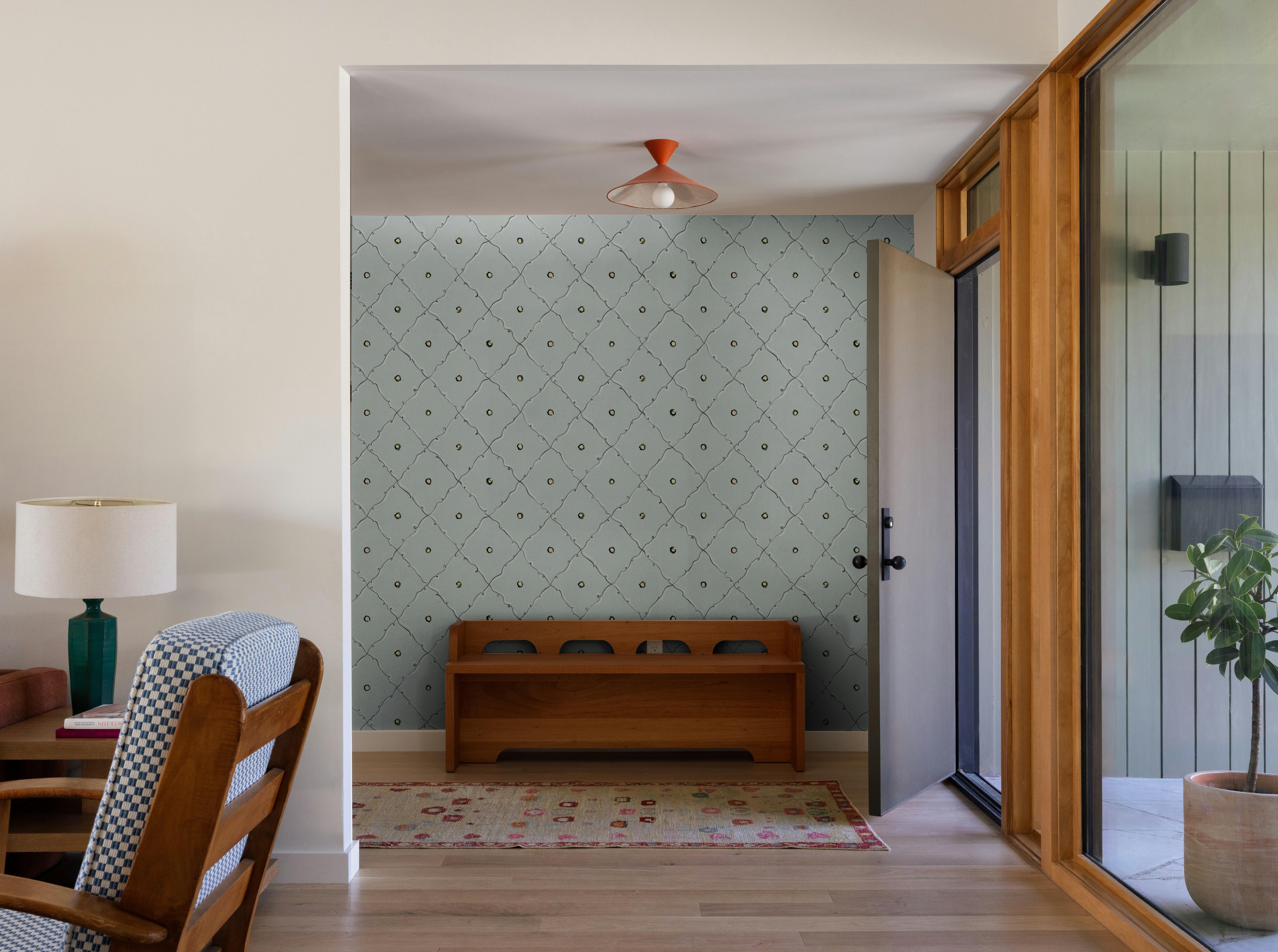 colette is a playful trellis design inspired by 20th-century illustrator christian bérard’s whimsical trompe l’oeil paintings. painted in our studio in ink-and-gouache, this mid-scale trellis design is filled with delightful detail and stylized pops of color. by Backdrop. – Entryway, Hallway, Accents, Wallcoverings