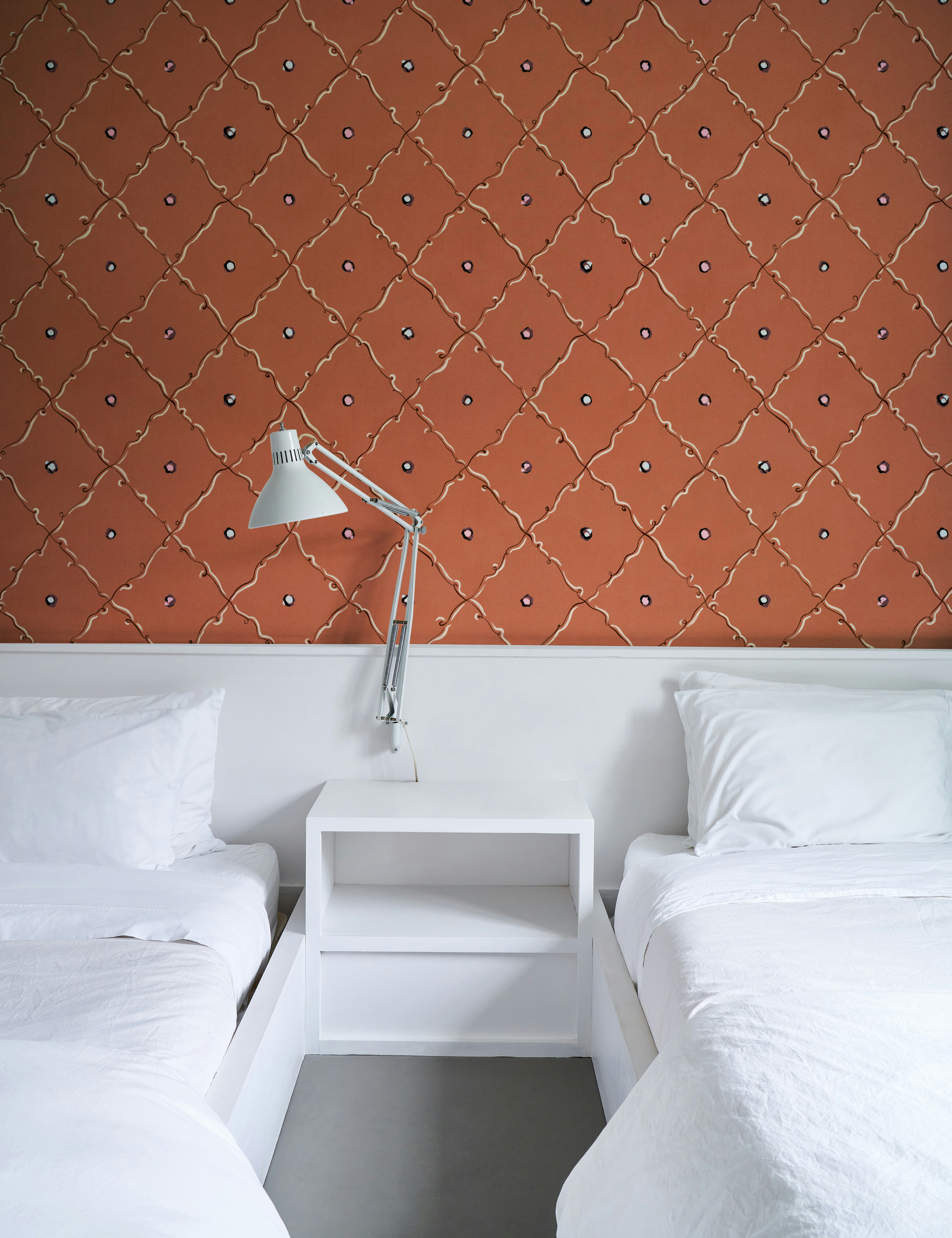 colette is a playful trellis design inspired by 20th-century illustrator christian bérard’s whimsical trompe l’oeil paintings. painted in our studio in ink-and-gouache, this mid-scale trellis design is filled with delightful detail and stylized pops of color.  by Backdrop. – Bedroom, Wallcoverings