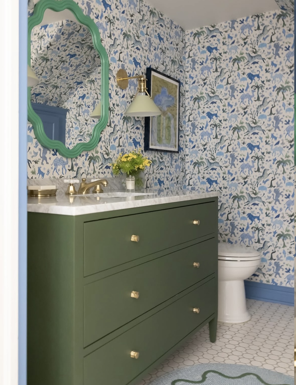 transform your space with the whimsical charm of happy menocal’s beasts wallpaper. this captivating mid-scale design features a lively carnival of exotic creatures and fanciful flora, creating a delightful atmosphere in any room. with its wonderful tonal variations and charming hand-painted aesthetic, this imaginative wallpaper brings a touch of enchantment to your home decor.  by Backdrop. – Bathroom, Wallcoverings