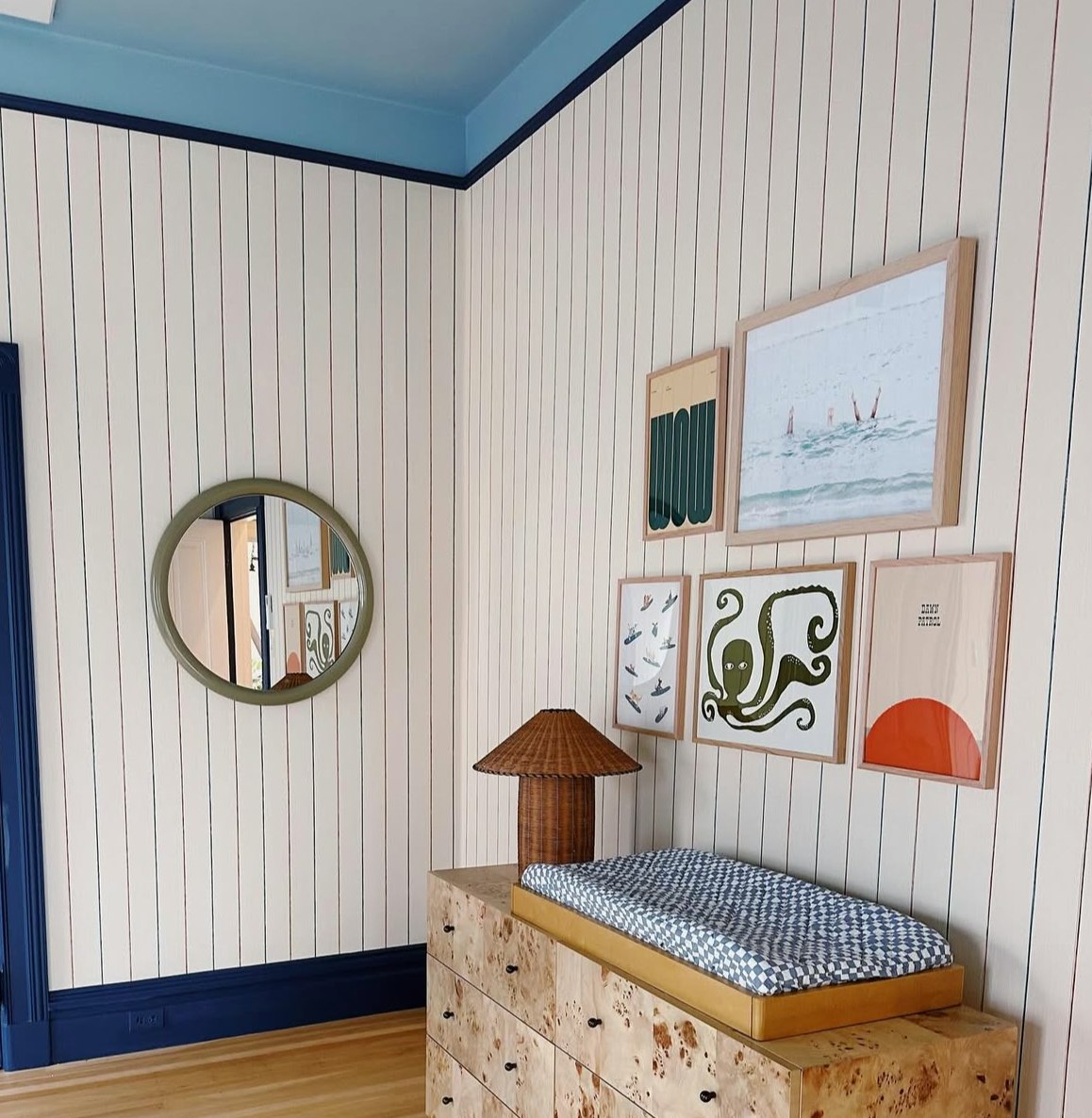 draper stripe is a playful take on pinstripes and men’s suiting fabrics. materially rich, the wallcovering features a ground of fine, cotton-linen blend string yarn accented by saturated paper yarns. this small-scale stripe brings a refined pop of color to any space. color variations and subtle irregularities are inherent to this wallpaper’s natural fibers and artisanal beauty.  by Backdrop. – Kids Room, Wallcoverings