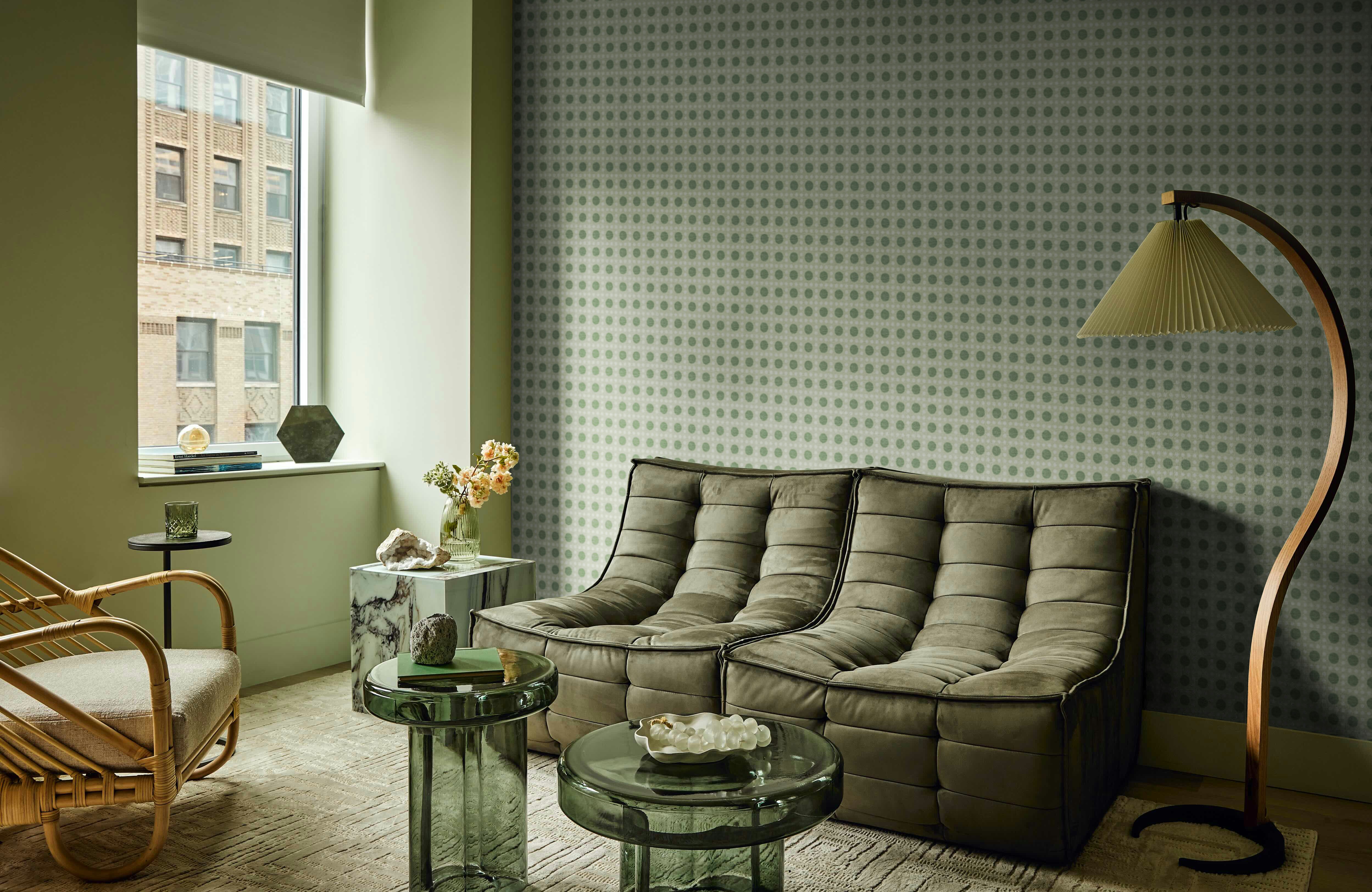 inspired by italian candies, puntini sisal is all about simplistic geometric texture. the tonal color of the gridded dots, screen-printed by hand on haruki sisal, creates a beautifully soft surface on top of the woven sisal ground. color variations and subtle irregularities are inherent to this wallpaper’s natural fibers and handmade beauty.  by Backdrop. – Living Room, Accents, Wallcoverings