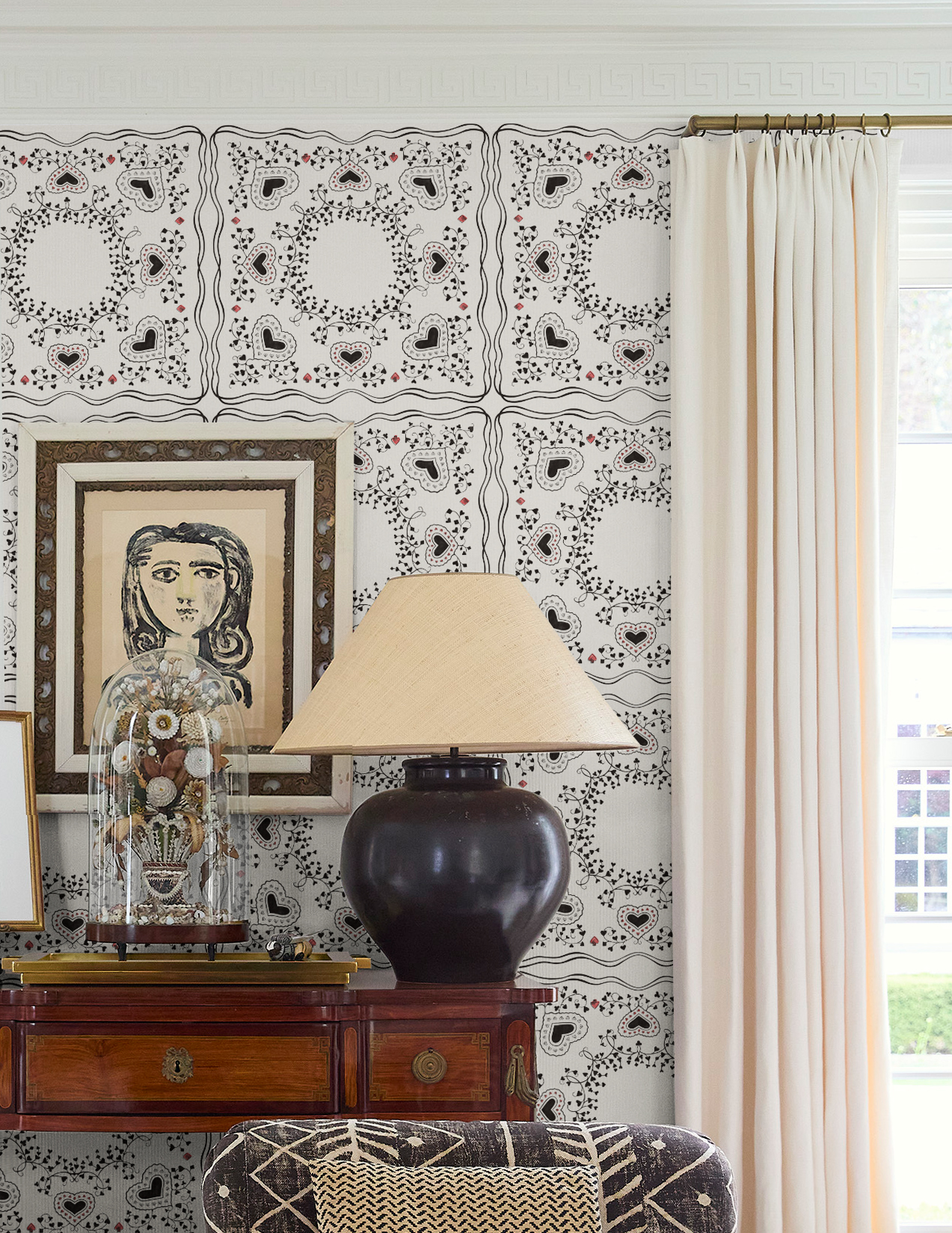 garden of hearts takes inspiration from the quintessential victorian novel, alice’s adventures in wonderland. the landscape of four card suits, originally drawn in ink, twists and climbs in a large-scale geometric grid. filled with details like cross-hatching and fine line drawing, the design has an illustrative quality that reveals more the closer you get. this design is sure to bring detail and impact to any space.  by Backdrop. – Bedroom, Living Room, Office, Wallcoverings