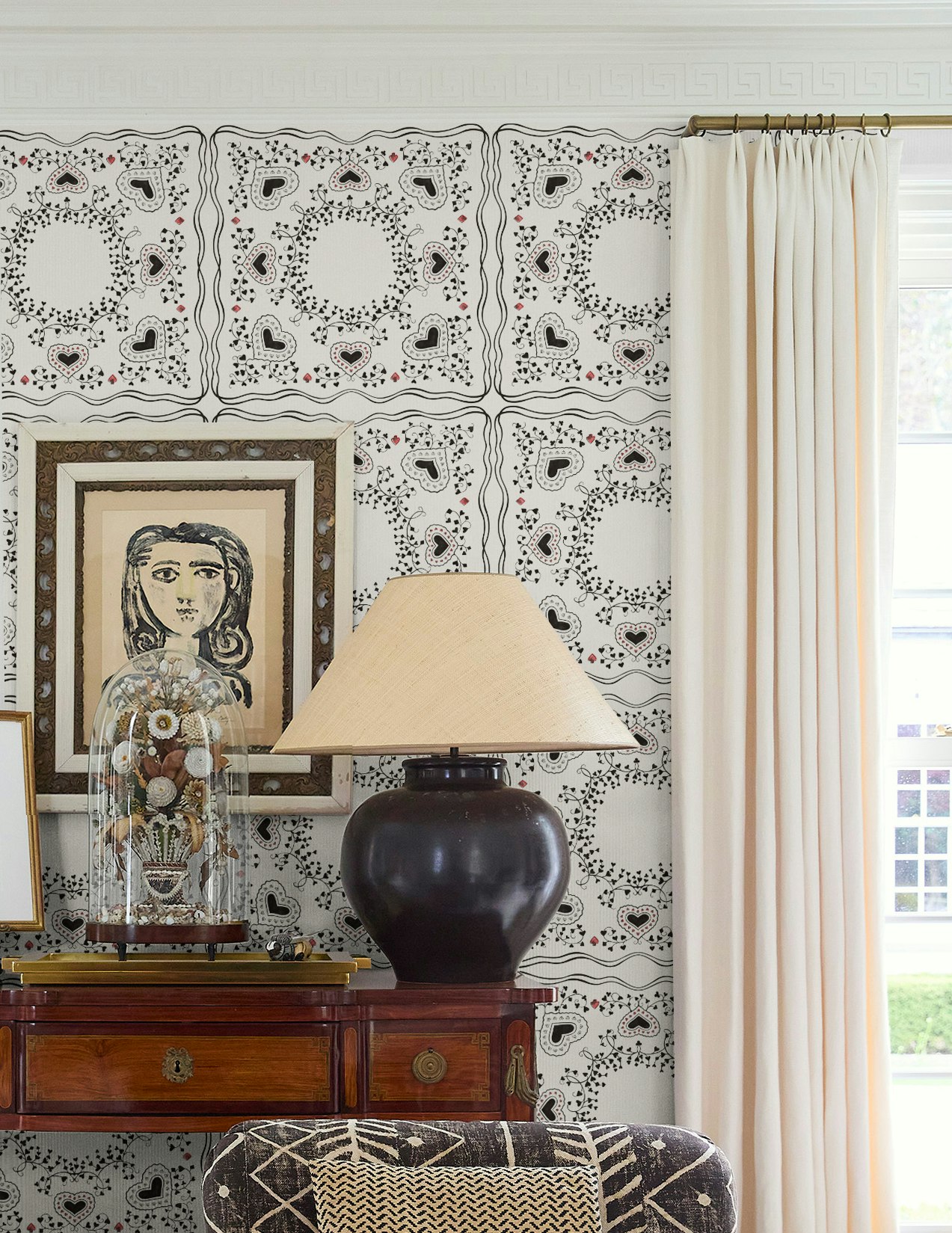 garden of hearts takes inspiration from the quintessential victorian novel, alice’s adventures in wonderland. the landscape of four card suits, originally drawn in ink, twists and climbs in a large-scale geometric grid. filled with details like cross-hatching and fine line drawing, the design has an illustrative quality that reveals more the closer you get. this design is sure to bring detail and impact to any space.  by Backdrop. – Bedroom, Living Room, Office, Wallcoverings