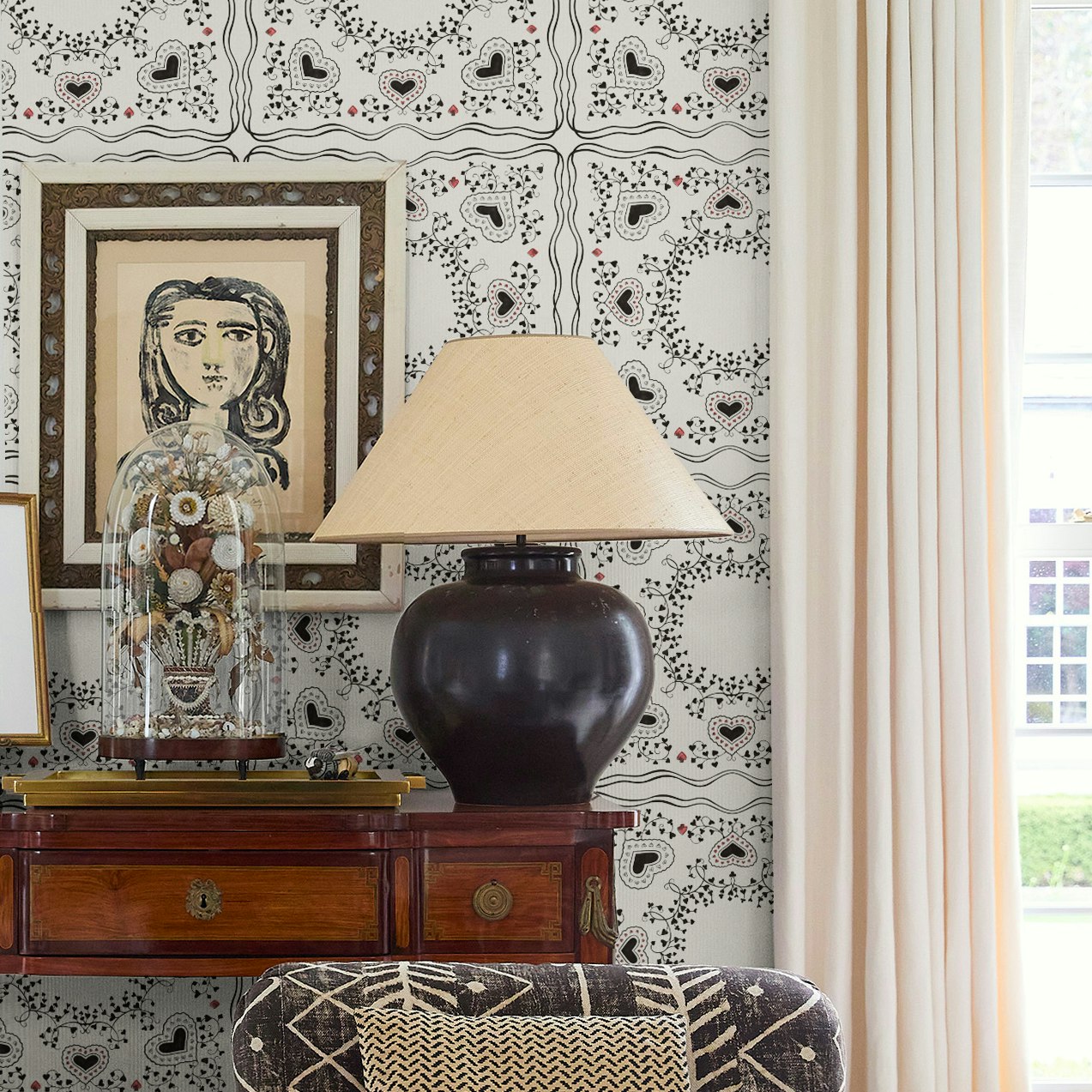 garden of hearts takes inspiration from the quintessential victorian novel, alice’s adventures in wonderland. the landscape of four card suits, originally drawn in ink, twists and climbs in a large-scale geometric grid. filled with details like cross-hatching and fine line drawing, the design has an illustrative quality that reveals more the closer you get. this design is sure to bring detail and impact to any space. by Backdrop. – Bedroom, Living Room, Office, Wallcoverings