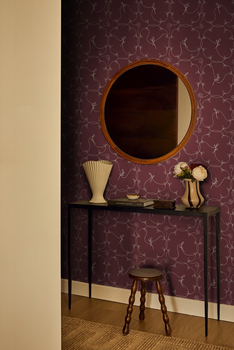 named after a style of openwork embroidery, broderie is a lyrical design featuring delicate linework with a nod to natural motifs. the two-color design was created as a continuous line drawing in our studio, where the pen is never lifted from the page. the result is an intricate, airy mid-scale design suited for any space. by Backdrop. – Entryway, Hallway, Accents, Wallcoverings