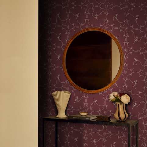 named after a style of openwork embroidery, broderie is a lyrical design featuring delicate linework with a nod to natural motifs. the two-color design was created as a continuous line drawing in our studio, where the pen is never lifted from the page. the result is an intricate, airy mid-scale design suited for any space. by Backdrop. – Entryway, Hallway, Accents, Wallcoverings