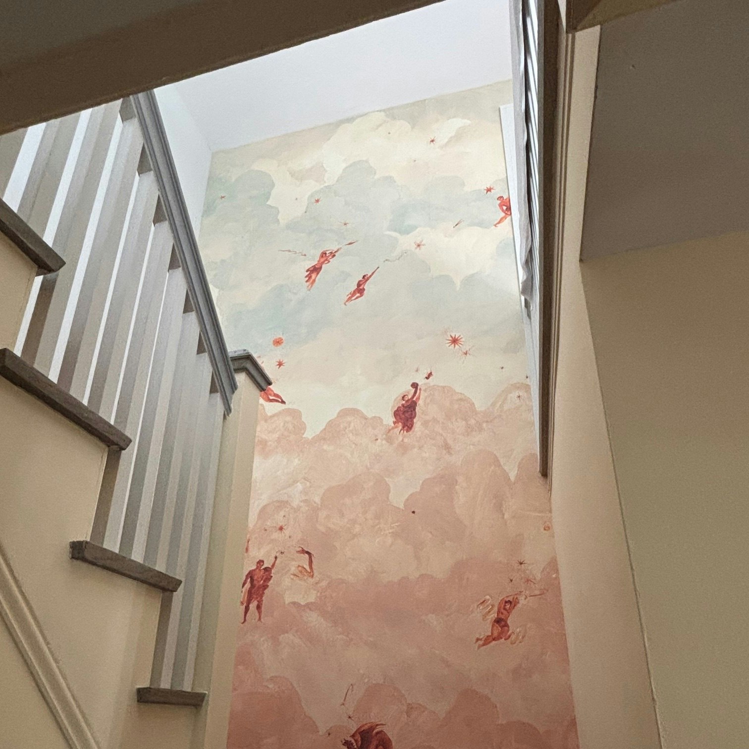 asteriae and nymphs of the stars dance euphorically in ascendance panel set. painted and illustrated by artist xavier donnelly, the 15’ tall by 13.5’ wide panel set will instantly transform any space into a light-filled sky full of beautifully detailed celestial figures, delightfully twisting and turning within the clouds. by Backdrop. – Entryway, Hallway, Accents, Wallcoverings