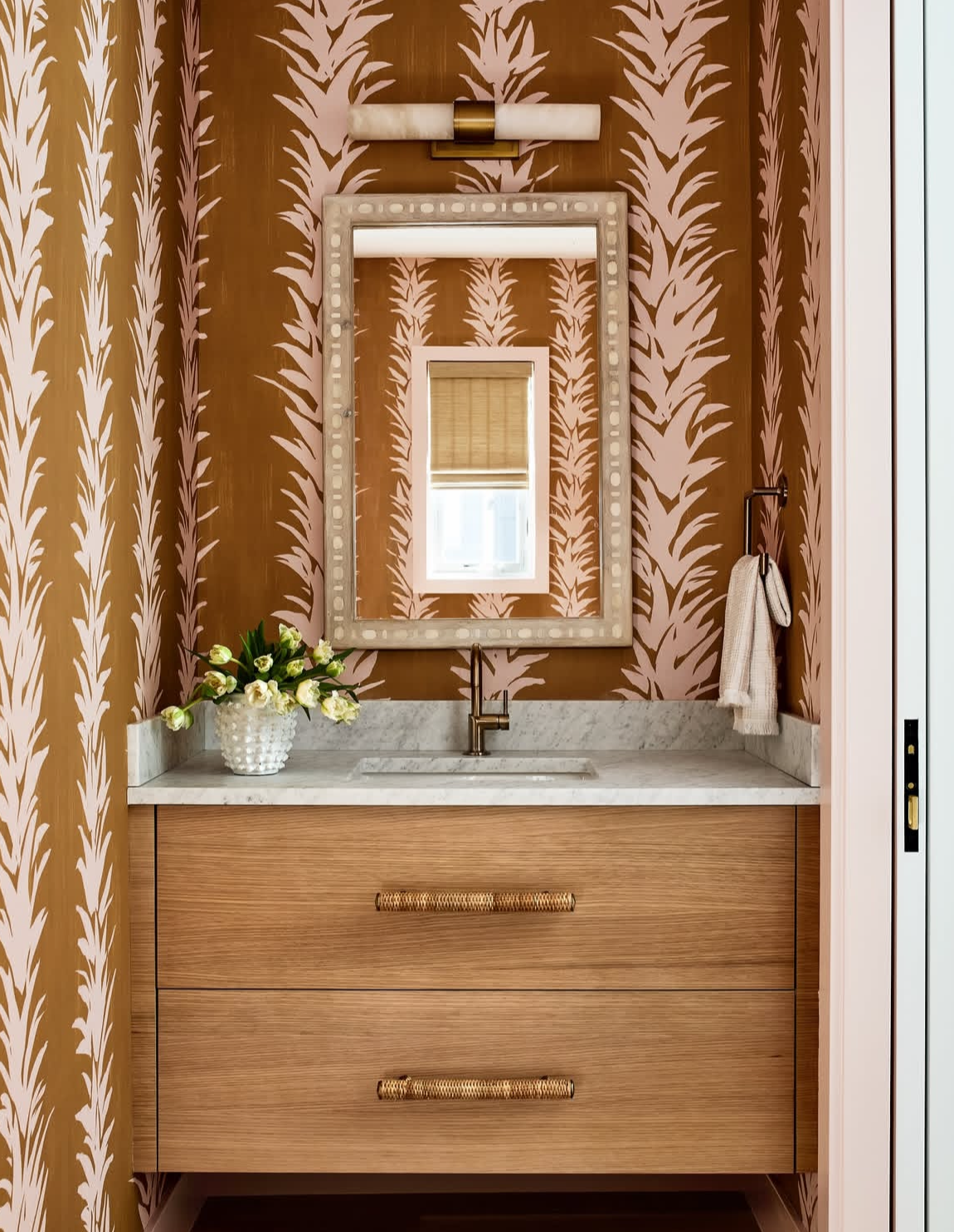 a classic botanical design abstracted and reimagined with painterly strokes and a nod to the imperfect. midscale design with negative space for a column effect.  by Backdrop. – Bathroom
