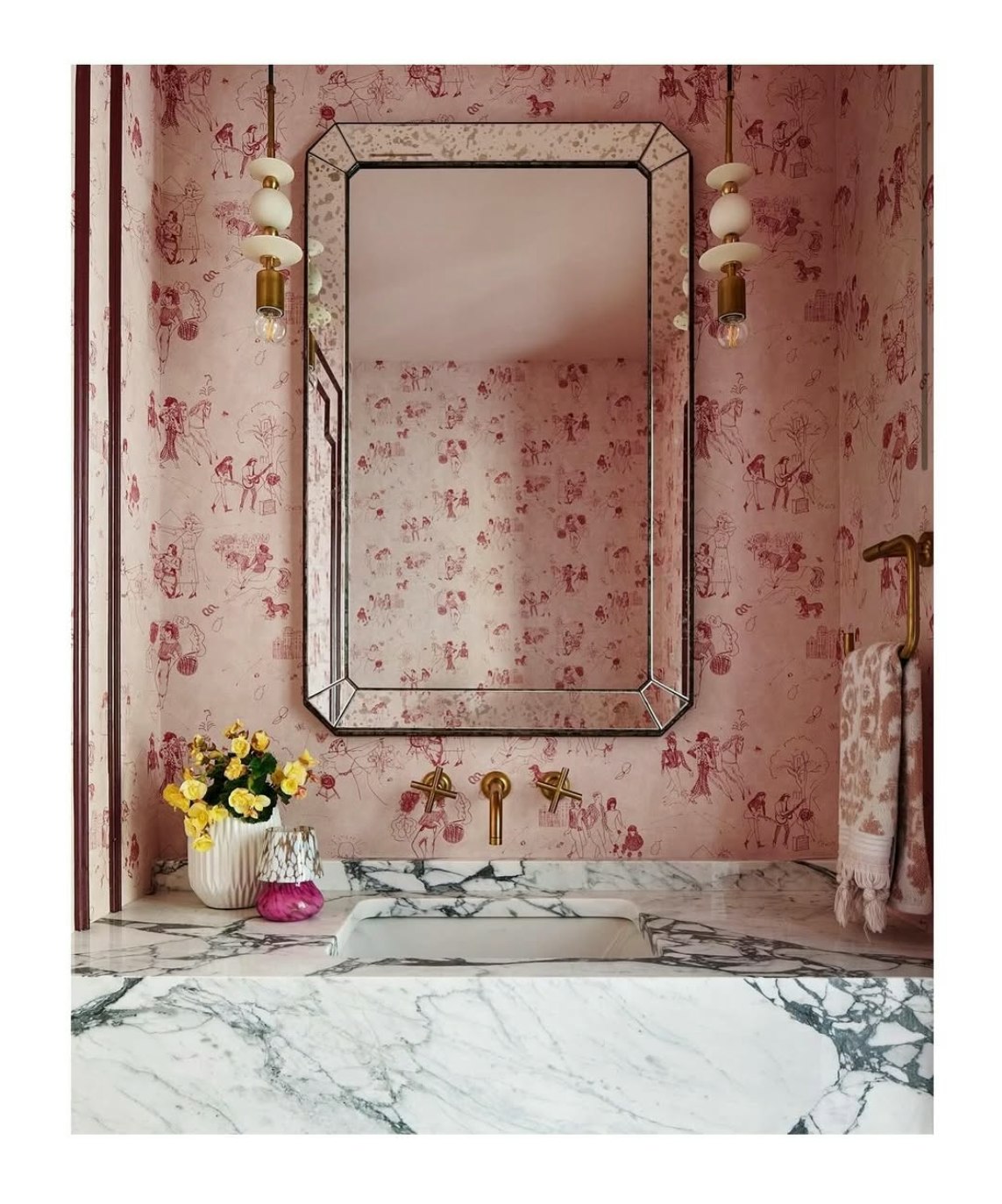 toile de femmes is a lyrical, contemporary wallpaper designed by barrie benson and chandra johnson of peg norriss in collaboration with schumacher. featuring hand-drawn female motifs by celebrated artist jackie gendel, this modern twist on classic toile wallpaper celebrates bold femininity, timeless craftsmanship, and artistic storytelling. showcased in hbo's sex and the city sequel, and just like that, this statement-making pattern captures whimsical vignettes of women at leisure, riding horses, and practicing archery. perfect for accent walls, powder rooms, and creative interiors, toile de femmes is an elevated, artful design that blends history with modern style.  by Backdrop. – Bathroom, Wallcoverings